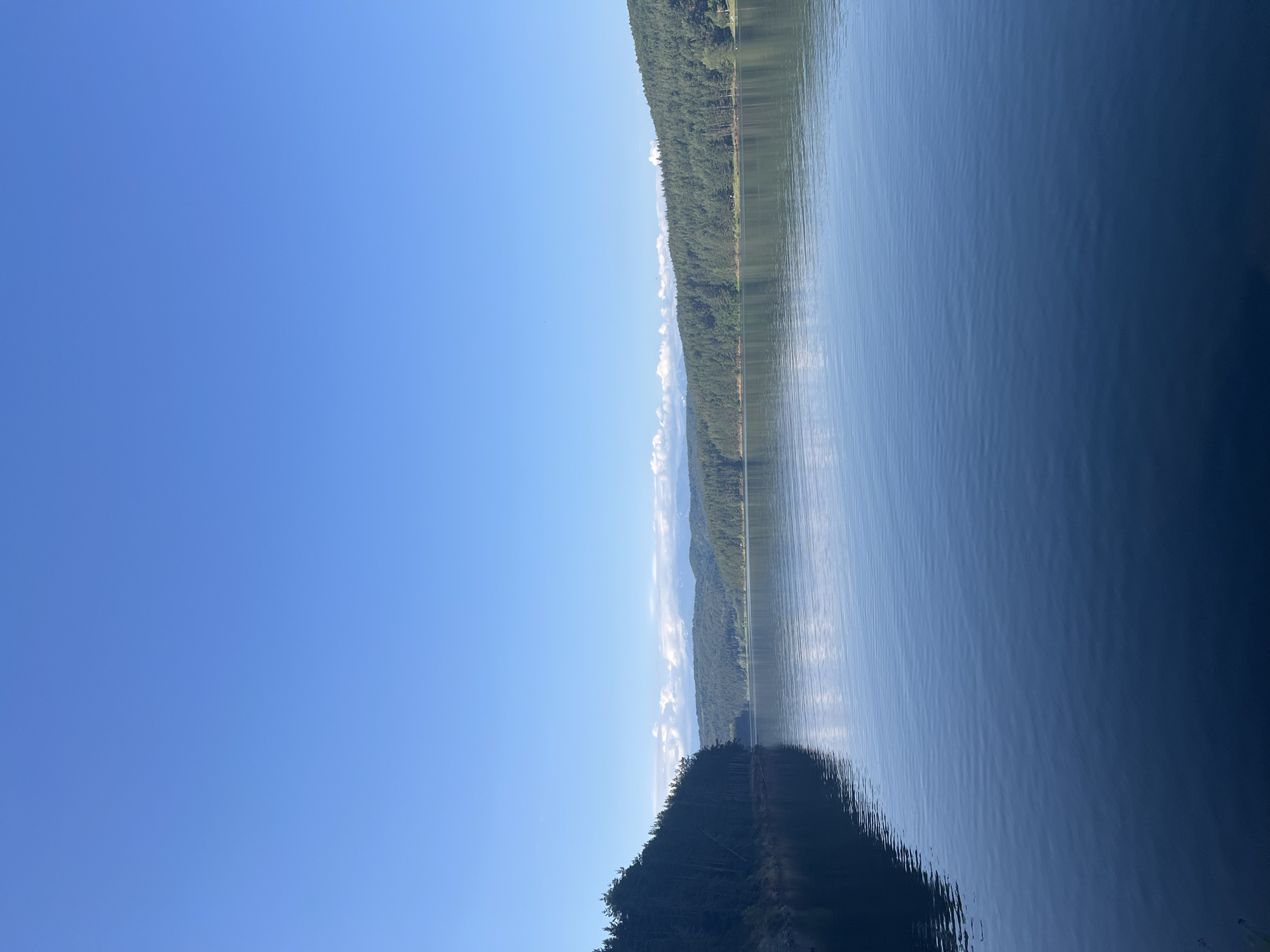 A serene, wide-angle view captures the calm waters of Lake Pancharevo in Dolni Pasarel, Bulgaria, on a clear, sunny day. The deep blue sky, almost devoid of clouds, occupies the upper half of the frame. The lake's surface is still, reflecting the surrounding landscape with gentle ripples.
On the left side of the image, a densely forested slope descends towards the water, casting a dark, elongated shadow on the lake. The trees are predominantly evergreen, forming a thick, dark green wall.
The opposite bank of the lake is lined with a similar expanse of evergreen forest, undulating and stretching into the distance. Further back, rolling hills are visible, also covered in greenery. In the far distance, hazy mountains with faint snow-capped peaks suggest a larger mountain range.
The overall scene is one of tranquility and natural beauty, showcasing the pristine environment of the lake and its surrounding forested hills. There are no visible people or man-made structures in the immediate foreground or on the lake itself, contributing to the sense of undisturbed nature. The reflection of the sky and trees creates a mirror image on the water, enhancing the peaceful ambiance.