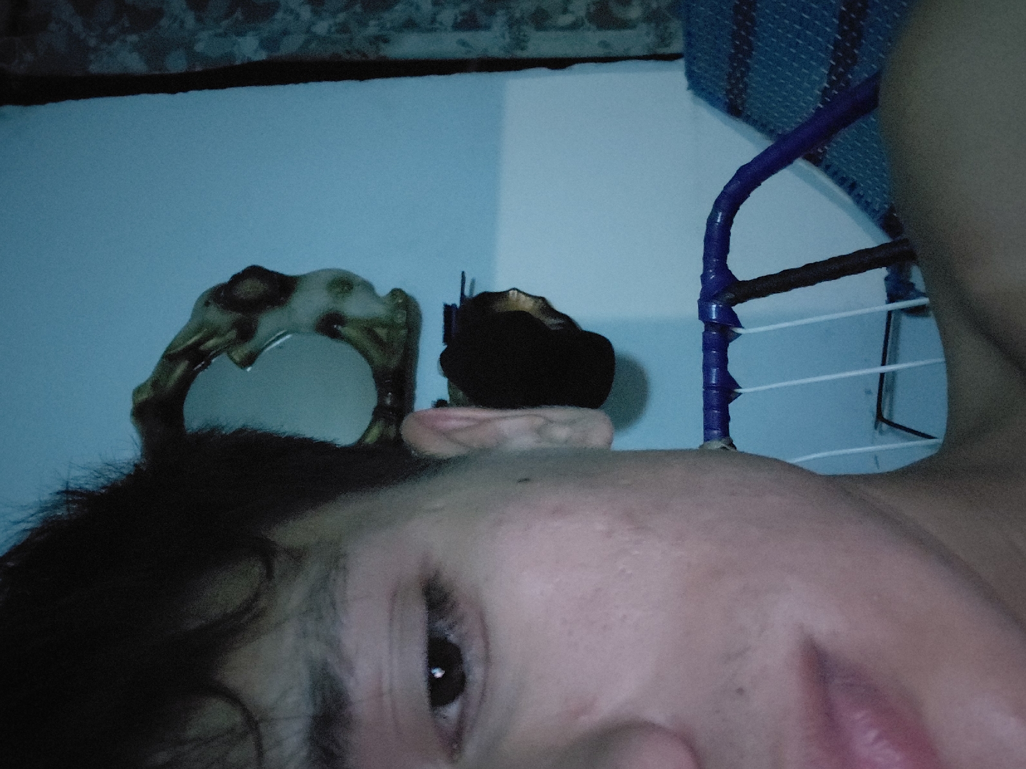 This media file presents an intimately cropped portrait of a person, likely taken indoors in Santa Ana, Venezuela. The image is oriented sideways, with the person's face occupying the lower right half, seen from a close, low-angle perspective, possibly a selfie. The subject's right eye, forehead, and parts of their nose and lips are visible, framed by dark hair. Their expression appears neutral or contemplative.
In the background, to the left of the person's head, an ornate, possibly antique-style frame or mirror with intricate designs is partially visible. Further back, above the person's temple, a light-colored, ear-shaped object, possibly from a doll or figurine, can be seen. To the right, behind the person's shoulder, part of what appears to be a clothing rack or utility structure is visible, featuring purple plastic-wrapped bars and thin white lines, with a blue, textured fabric behind it. The immediate background is a plain light blue wall, topped by a darker, textured border.
The overall lighting is dim and cool-toned, casting a bluish hue over the scene, which suggests an indoor setting, possibly during evening or night. There are no specific activities taking place, and no visible text in the image. The composition creates a somewhat personal and introspective mood within a domestic interior.