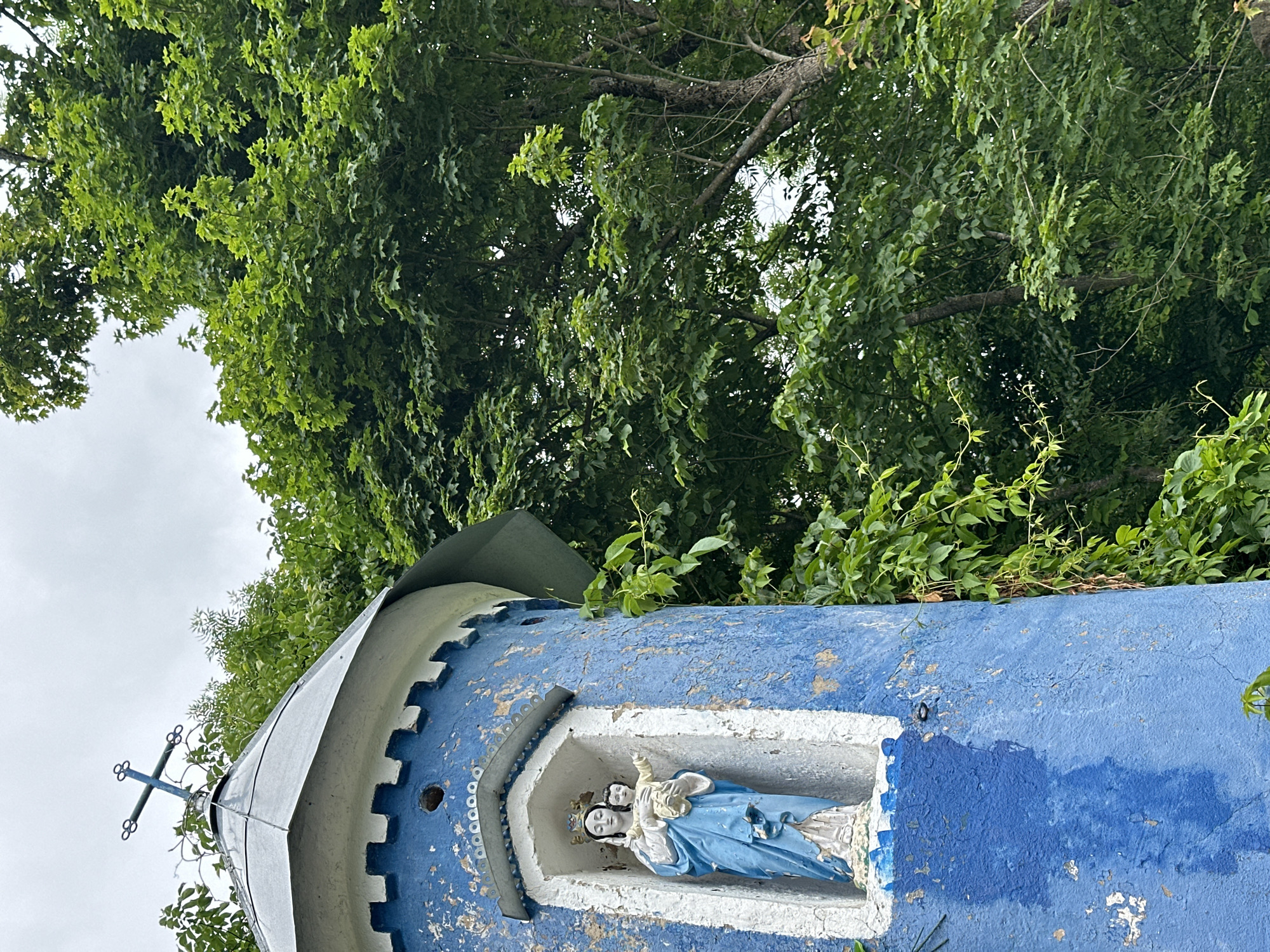 A weathered, blue-painted cylindrical structure stands against a backdrop of lush green trees under a cloudy sky. The structure has a conical metal roof topped with a blue cross. A niche in the structure features a statue of the Virgin Mary holding the infant Jesus. The statue is adorned with a blue robe and a golden crown. The blue paint on the exterior of the structure is peeling, revealing white underneath. Green vines climb the side of the structure. The location is in Хаценчыцкі сельскі Савет, Belarus.