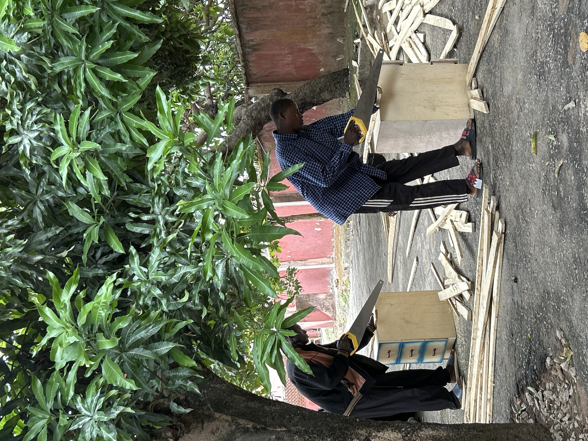 Two men are sawing wood in an outdoor setting in Jos, Nigeria. The location appears to be next to a building with a red-painted wall and under the shade of a large leafy tree. One man, wearing a blue checkered shirt and black pants with white stripes, stands next to a pile of lumber, sawing a piece of wood. The other man, dressed in a dark jacket and pants, is similarly engaged in sawing another piece of wood, positioned next to a small chest of drawers. Scraps of wood are scattered on the ground. The ground is paved and littered with small stones.