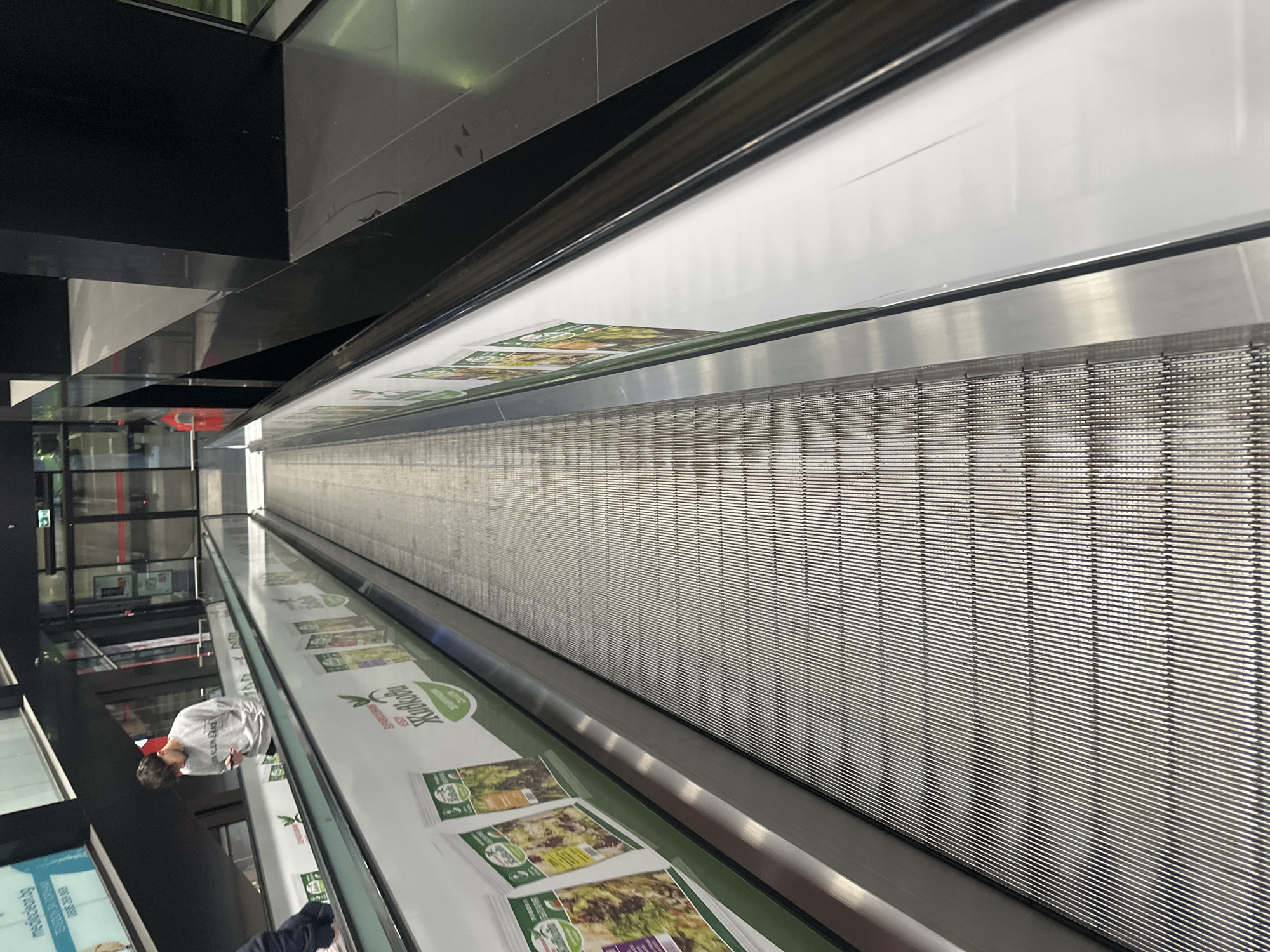 The image depicts a long, modern moving walkway within an indoor public space, likely a shopping mall or transit hub in Sofia, Bulgaria. The perspective is from a slightly elevated point, looking along the length of the walkway.
The primary subject is a male individual standing on the moving walkway, wearing a light-colored t-shirt and dark trousers. He is facing away from the camera, looking towards the end of the walkway.
The moving walkway features a smooth, metallic surface composed of numerous parallel segments. On either side, advertisements are displayed in rectangular panels. The visible ads have a green and white theme, featuring a leaf logo and images of various salads. Prominently displayed text in Cyrillic on these ads reads "ХОХОЛУМ" (HOHOLUM) and "Супер свежи салати" (Super fresh salads).
The handrails of the walkway are dark and reflective. The architectural environment consists of sleek, dark, and reflective surfaces, including walls and structural elements, creating a contemporary feel. Glass panels and possibly other displays are visible in the background on the left.
A notable detail is the text on the back of the person's t-shirt, which clearly reads "БЪЛГАРСКИ ЕЗИК" (Bulgarian Language), reinforcing the provided location context of Sofia, Bulgaria. The overall lighting is bright and even, consistent with an indoor setting during daylight hours. No specific activity beyond riding the walkway is observed.