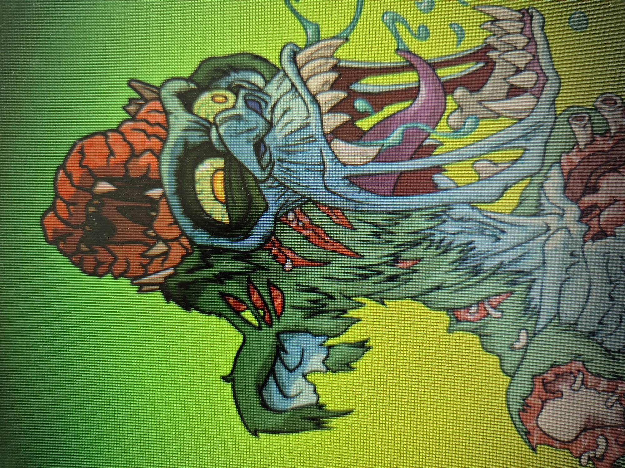 This is a digitally rendered image of a monstrous, zombie-like ape with glowing red eyes and a mutated brain on its head. The ape has its mouth wide open, revealing sharp teeth and a long, purple tongue. Its skin is a sickly blue-green, and it appears to be decaying, with exposed bones and flesh. The background is a gradient of green and yellow. There is no discernible location within the city of Nova Vodolaha, Ukraine, or any real-world context present in the image.