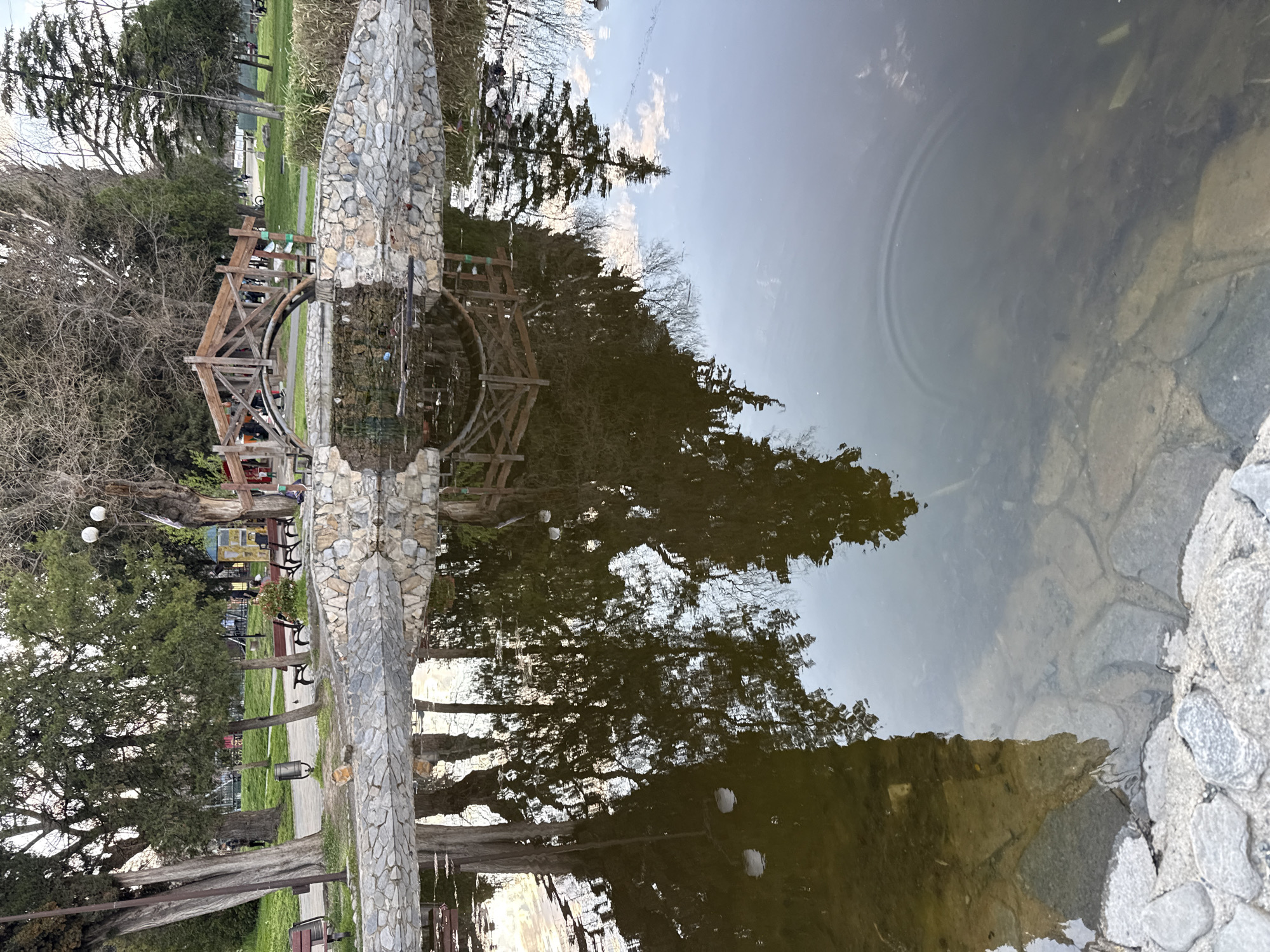 This image captures a scene from Stara Zagora, Bulgaria, focusing on a water feature that reflects its surrounding environment. The dominant elements include the water itself, which shows rippling concentric circles indicating disturbance, and a stone structure with a wooden arbor or gate. The reflection in the water mirrors trees, sky, and parts of the structure, creating a symmetrical effect. Additional details include vegetation, park benches, and hints of architectural elements in the background.