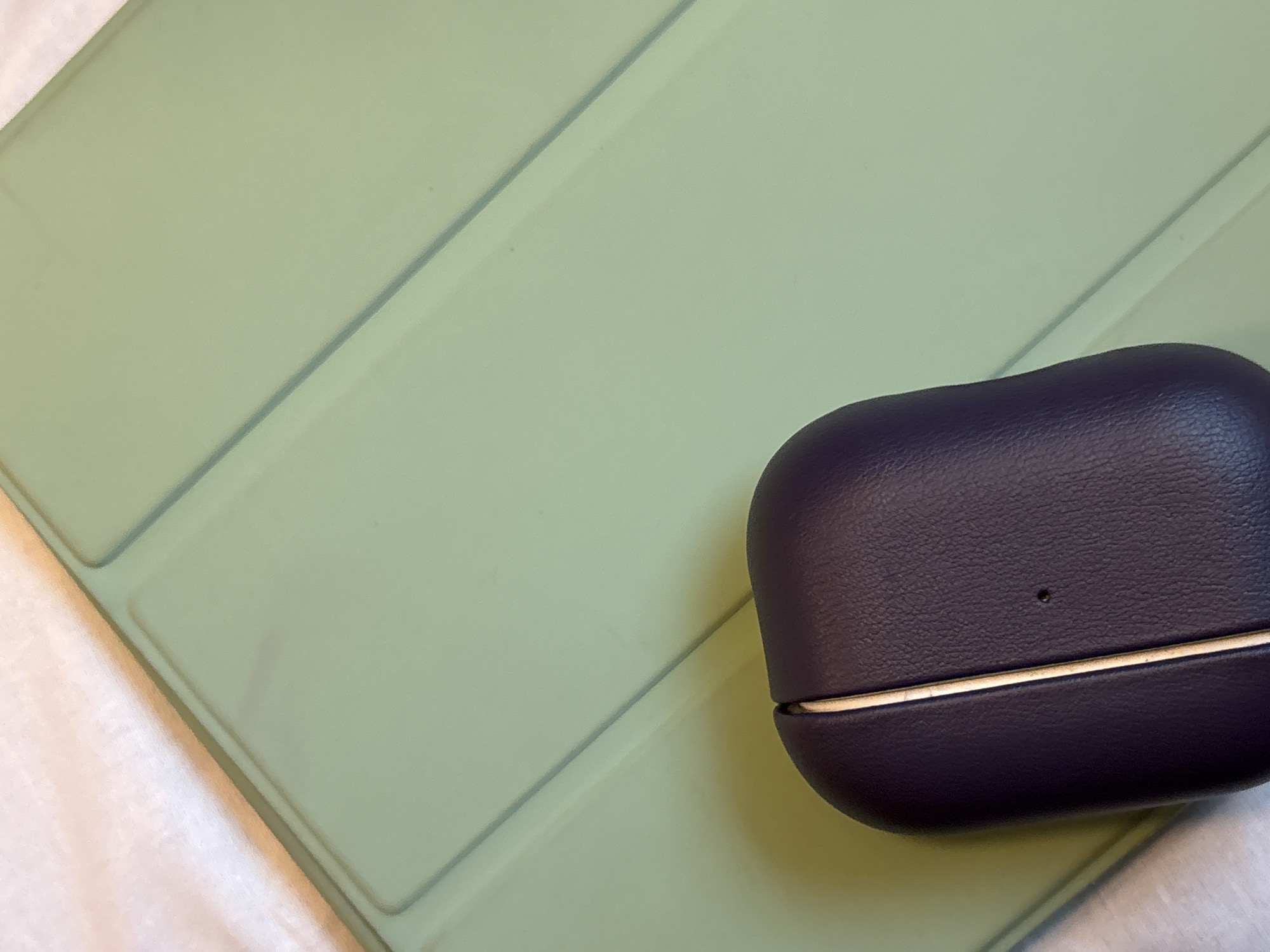 The image shows a close-up, high-angle shot of a dark purple earbud case resting on a light green surface. The earbud case is oval-shaped and appears to be made of leather. A thin, light-colored stripe runs vertically down the center of the case. The green surface has several diagonal lines, suggesting it might be a tablet case or a similar item with a segmented design. A small, dark spot is visible on the earbud case. The background consists of a textured white fabric. The lighting is soft and diffused. There are no people visible in the image. There is no information available in the image to determine its location in Shchekutovo, Russia.