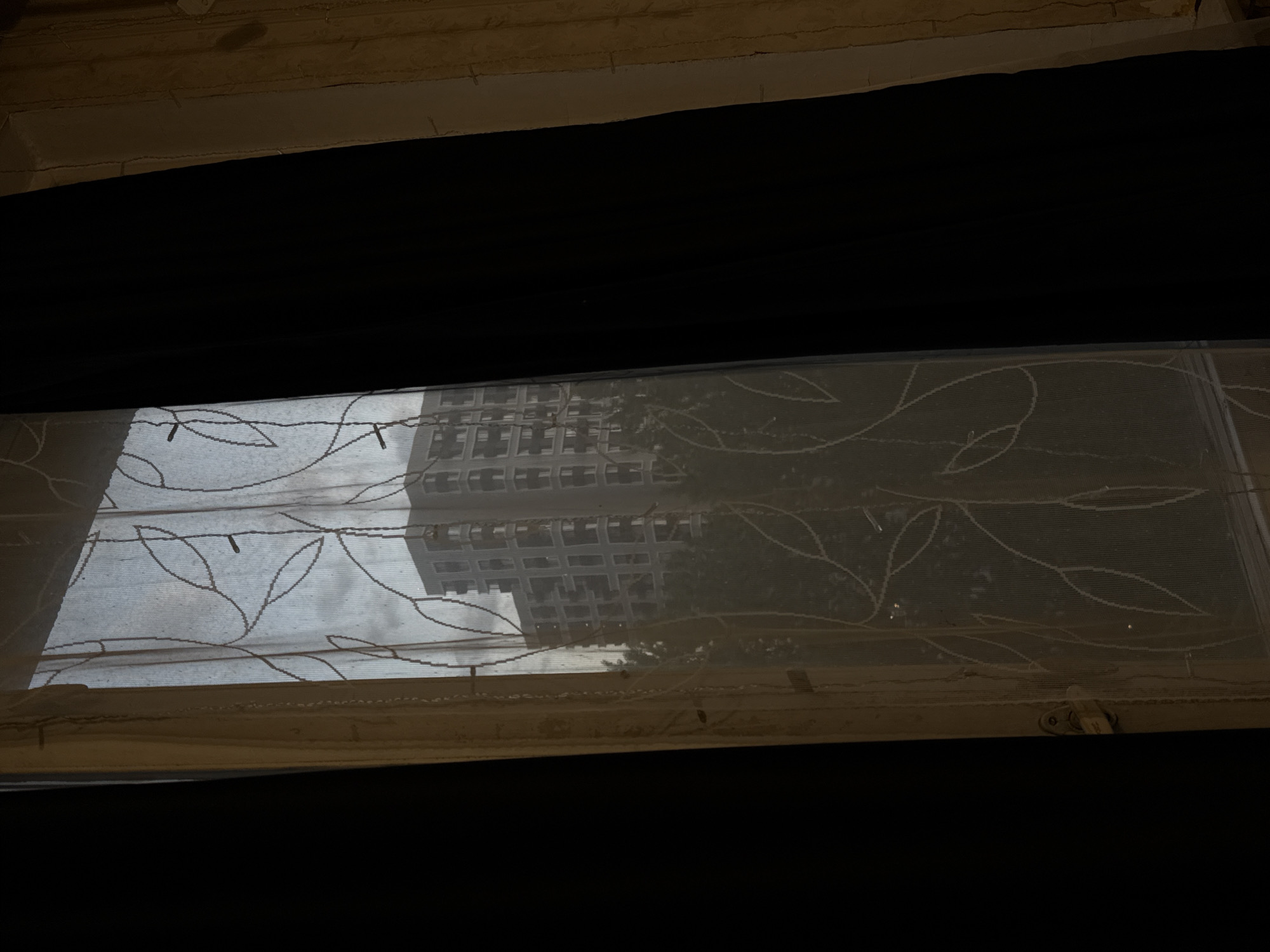 The image, likely captured indoors, presents a view through a window covered with a patterned sheer curtain. The curtain has a repeating design of leaves. Reflected in the window is a tall building with a grid-like facade. The building appears to be made of concrete and has many floors. Based on the reflection, it is possible the photograph was taken in Khimki, Russia, due to the architectural style commonly found there. The window frame itself is visible, as is the darkness above and below, suggesting a focus on the scene outside. There are no people visible in the scene.
