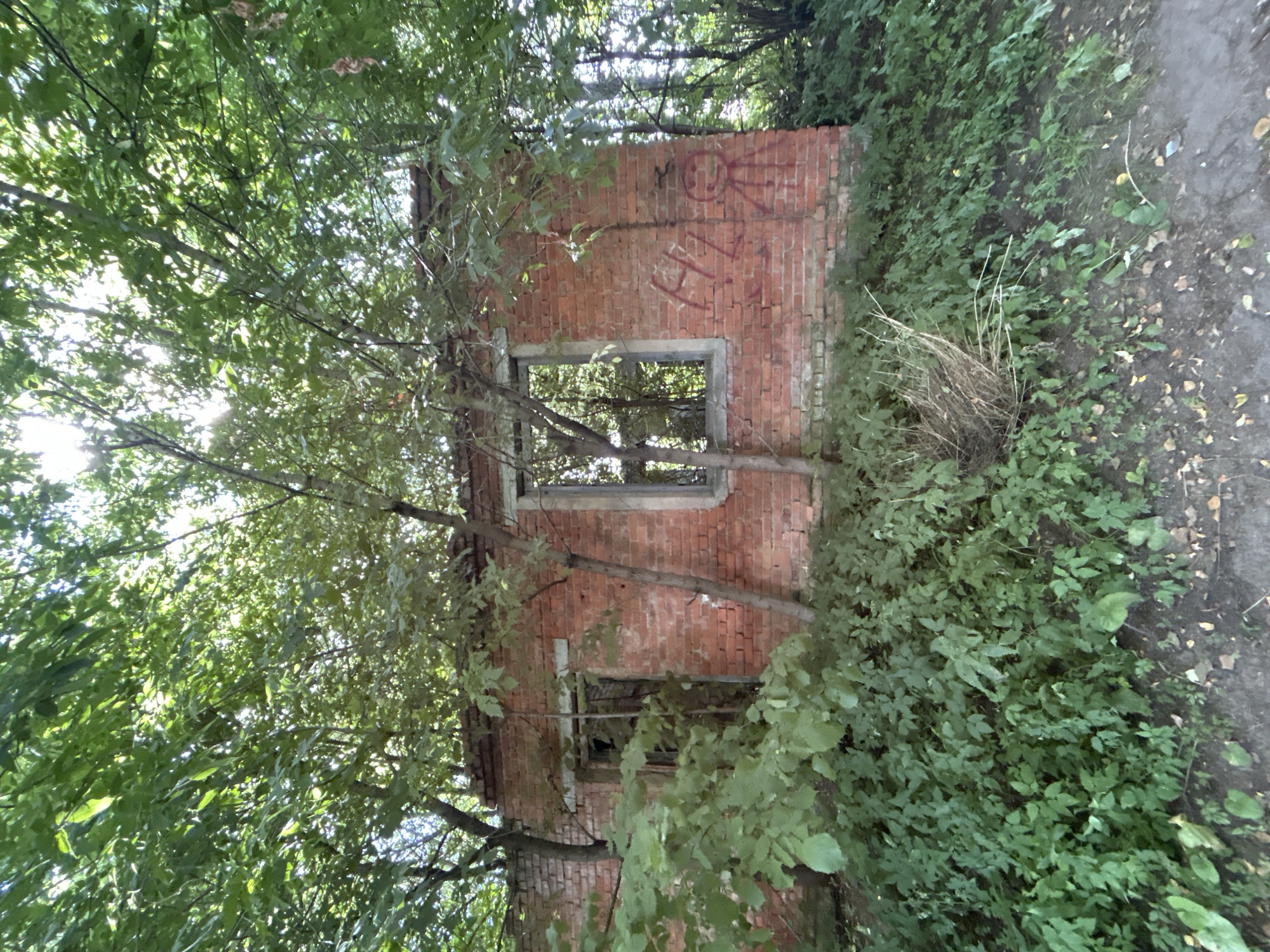 The image shows an abandoned brick building covered in ivy and surrounded by trees. The building has a collapsed roof and is missing windows and doors. There is graffiti on the exterior walls. The scene is overgrown with vegetation and appears to be in a state of disrepair. The image is taken from a low angle, looking up at the building. The overall impression is one of decay and neglect. The location is identified as Kalitsino, Russia, but no specific details about the building's history or purpose are provided.