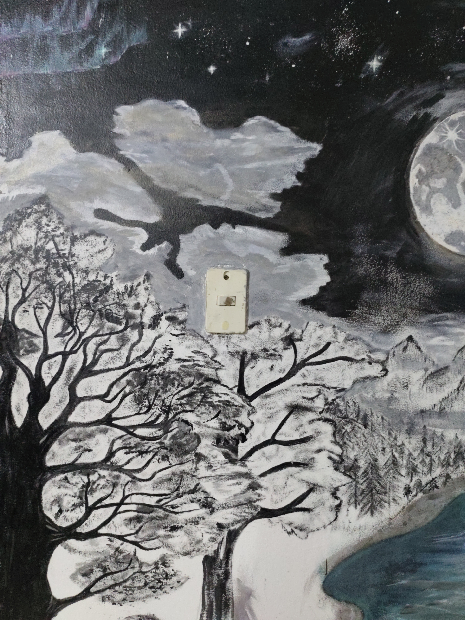 The image depicts a painted mural featuring a nighttime landscape scene. The painting is rendered in grayscale with some color accents. The upper portion of the mural shows a dark night sky with stars and an aurora borealis with green and purple hues. A large, textured moon is visible in the upper right corner, partially obscured by clouds. The middle ground features dark, silhouetted trees with intricate branches against a textured white and gray background, suggesting snow-covered terrain. In the lower portion of the mural, a body of water with turquoise hues is depicted, bordering a snow-covered bank. A light switch plate, cream-colored with visible screws and a toggle, is affixed to the painted surface, interrupting the mural. The mural appears to be on a textured wall. The location is identified as Piloncito, Venezuela.