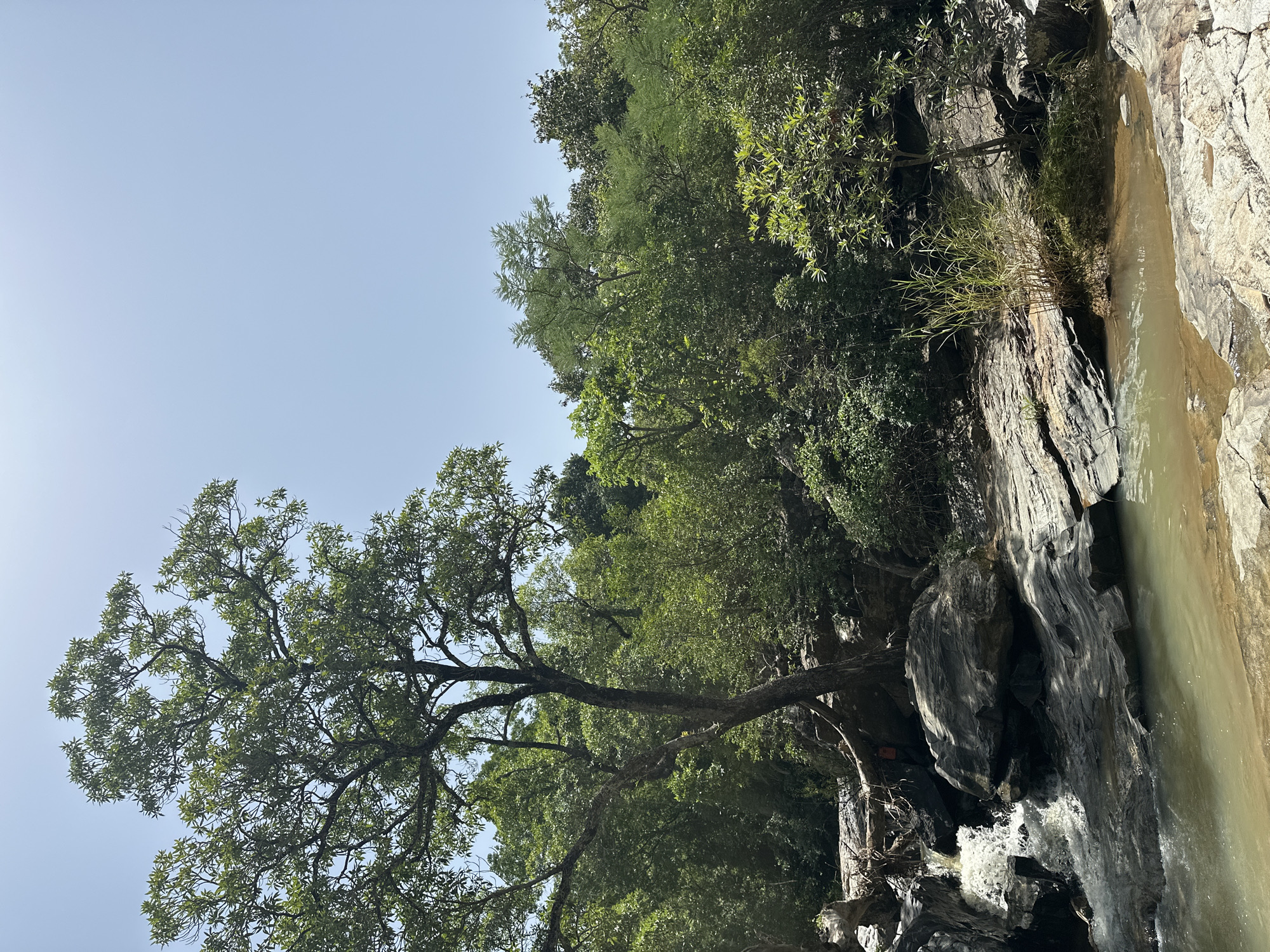 An outdoor scene depicts a natural water feature with a small waterfall cascading over rocks into a pool. Lush green trees and foliage surround the water, with a clear blue sky overhead. The terrain is rocky and uneven, with a large tree growing prominently on the left side of the frame. The image appears to capture a tranquil and undeveloped natural landscape, possibly in Fobur, Nigeria. There are no people or animals visible.