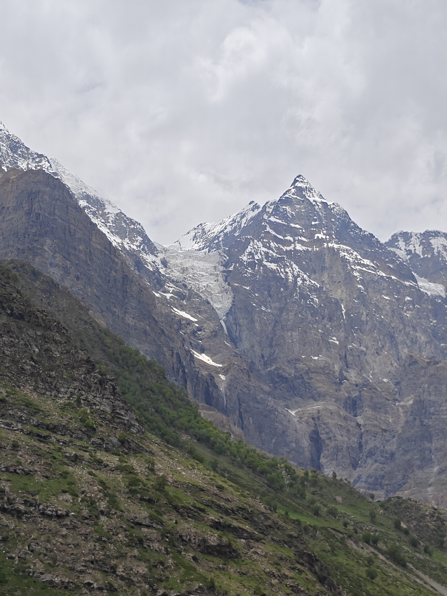 A vertical, medium-shot photograph captures a majestic, snow-capped mountain range under a cloudy sky. The image is dominated by the rugged texture of the mountains, with sharp peaks and steep slopes. Patches of snow cling to the upper reaches of the mountains, contrasting with the darker rock faces. A prominent glacier is visible winding down the side of one of the mountains. The lower part of the image shows a steep, rocky slope covered with sparse green vegetation, suggesting a high-altitude environment. The scene is devoid of any human presence or man-made structures, emphasizing the wild and remote nature of the landscape. The lighting is diffused due to the cloud cover, creating soft shadows and a somewhat muted color palette. The composition leads the viewer's eye upwards towards the imposing peaks and the vast, cloudy sky. The image appears to be taken in Jagle, India, a location known for its mountainous terrain.