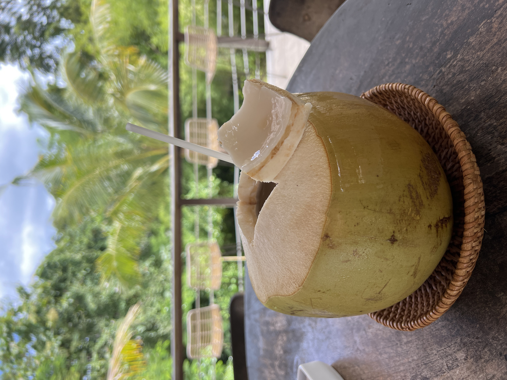A medium shot shows a green coconut, its top cut open with a white straw inserted, resting in a woven basket on a dark wooden table. The view beyond a nearby rail reveals tropical foliage and a cloudy sky, suggesting a location in Kuta Selatan, Indonesia.