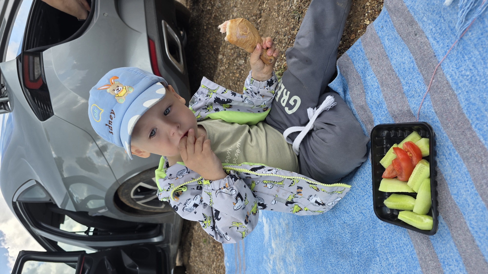 A young boy with blue eyes and blond hair, wearing a light blue cap with a cartoon bunny and a grey jacket with a dinosaur print, sits on a blue and grey striped blanket. He is in the city of Daryino, Russia. The boy is eating a piece of chicken and there is a black container of sliced cucumbers and tomatoes next to him. A grey car with its doors open is parked behind him.