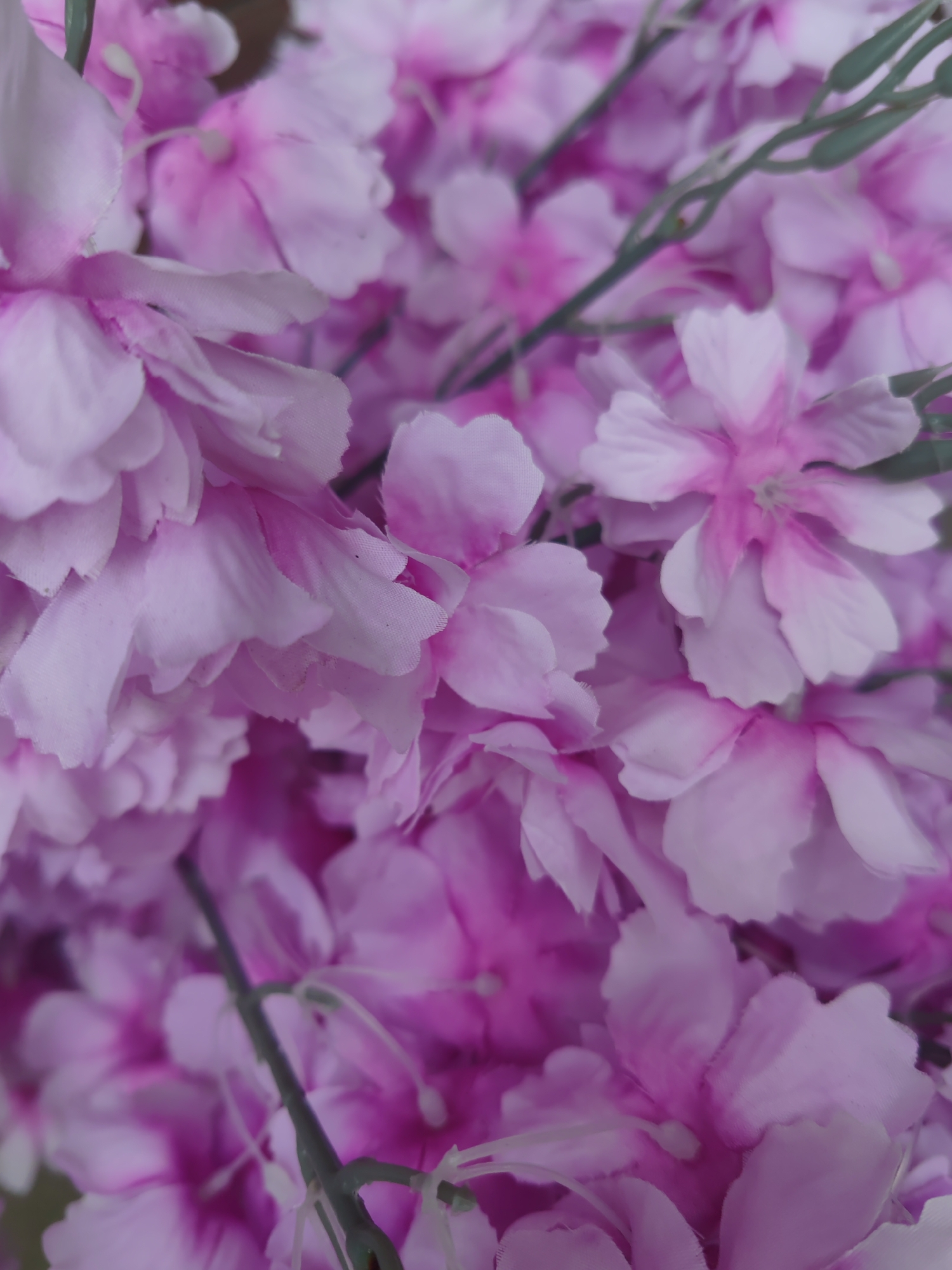 The image shows a close-up, softly focused view of artificial pink and white flowers. The flowers are clustered together, with some of their green stems visible. The lighting is soft and diffused, creating a dreamy and delicate aesthetic. There are no people or animals present in the image, and the background is blurred, obscuring any specific environmental details. The scene appears to be indoors or in a controlled setting where these artificial flowers are displayed. There is no information that would place this image in Krasnoyarsk, Russia, or any other specific location.