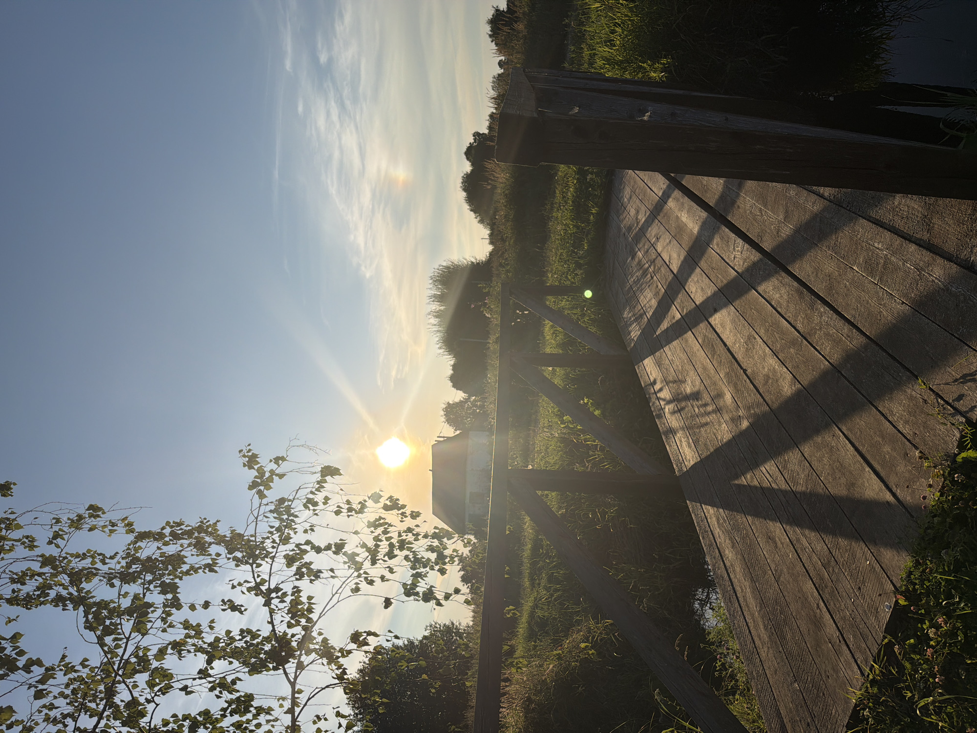 The image depicts a wooden bridge with a weathered surface, crossing a narrow body of water. The bridge has sturdy wooden railings on the right side. The setting appears to be rural, with lush green grass and foliage surrounding the bridge. In the background, a simple house with a white facade and a dark roof is visible, partially obscured by trees. The sun is low in the sky, casting long shadows across the bridge and illuminating the scene with a warm, golden light. There is a faint halo around the sun, and a small, faint rainbow-like arc is visible in the sky. The sky is a clear blue with wispy clouds. The overall atmosphere is peaceful and serene, suggesting a rural landscape in the city of Zonovo, Russia, during late afternoon or early evening. There are no people visible in the image.