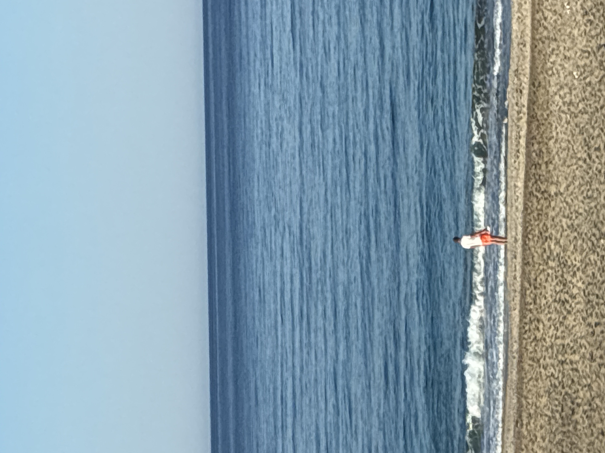 A person stands on the sandy shore of a beach in Alanya, Turkey, facing the vast blue sea under a clear sky. The person is wearing a white t-shirt and orange shorts. Gentle waves are breaking on the shore, creating white foam. The sand is light brown and textured. The horizon where the sea meets the sky is a distinct line.
