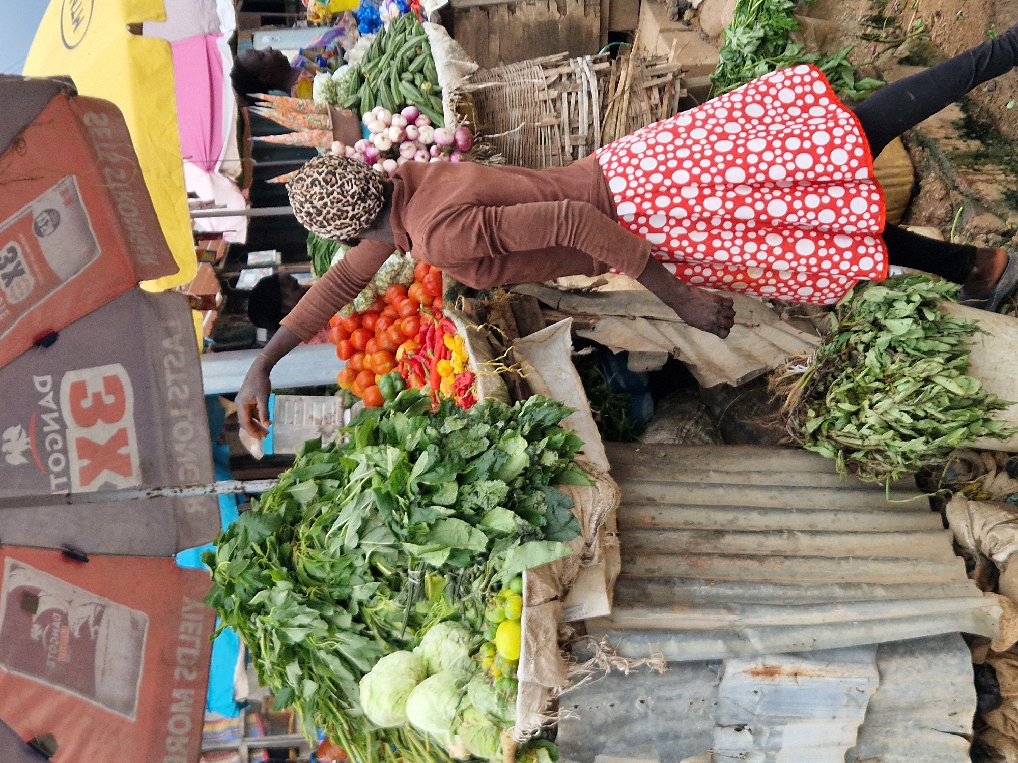In Gwong, Nigeria, a woman wearing a brown long-sleeved shirt and a red and white polka dot skirt with black leggings is seen reaching for produce at an outdoor market stall. She has a leopard print headscarf on and is barefoot. The stall is covered by a large umbrella, and displays a large pile of green leafy vegetables. To the left of the greens are cabbages, and to the right, tomatoes and other colorful peppers are visible. The stall is set up with corrugated metal sheeting for its structure, and a woven basket is also visible, holding more produce. The background suggests a busy market environment with other stalls and people.