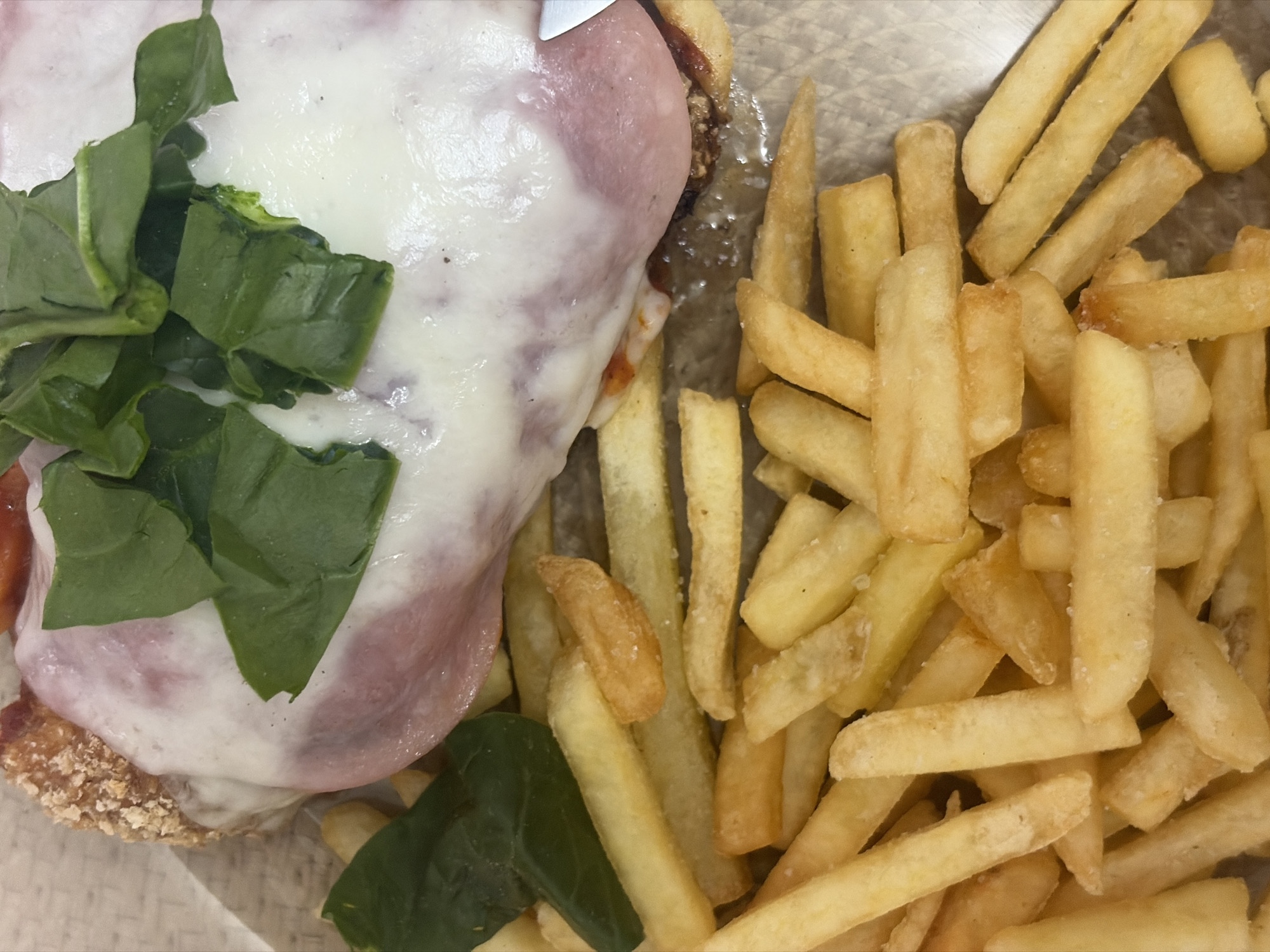 A top-down shot of a meal consisting of a breaded cutlet topped with melted cheese and spinach leaves, served with a side of french fries. The meal is presented in what appears to be a disposable container. The fries are light yellow to golden brown in color. The scene appears to be indoors.