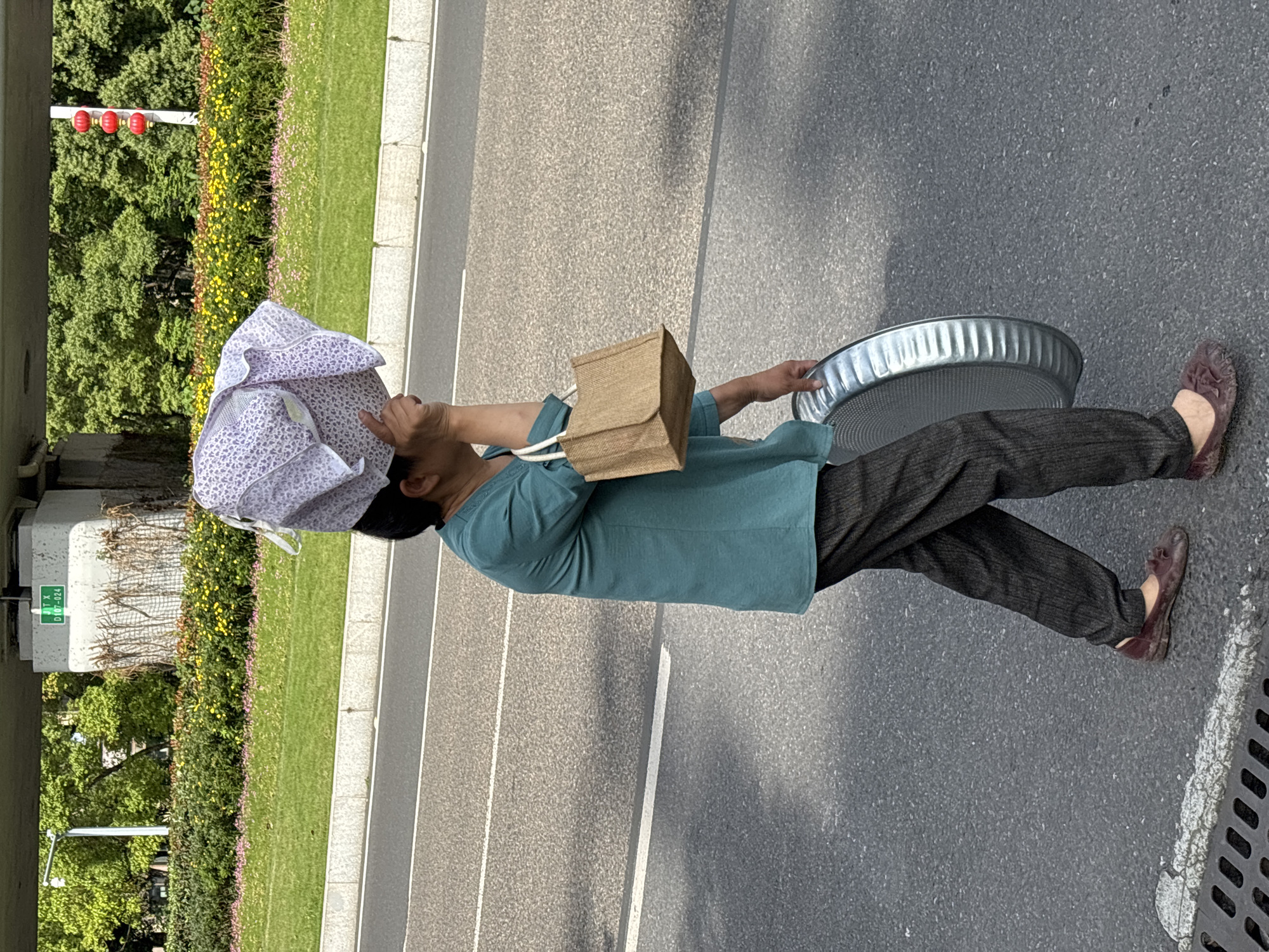 An image, originally rotated, depicts a person walking on a paved surface next to a lush green area under bright daylight. The individual, seen from the waist up, appears to be an adult, wearing a light blue or teal short-sleeved top, dark grey or black trousers, and flat, dark red or maroon shoes. They have a white, floral-patterned hat or bonnet covering their head, possibly for sun protection.
In their left hand, the person carries a light brown, possibly paper or woven material, bag with white straps. In their right hand, they hold a large, round, metallic basin or tray with a textured, possibly perforated, bottom. The person's gaze seems directed slightly upwards and forward.
The background features a well-maintained urban or suburban environment. To the person's left is a wide strip of green grass, bordered by flowering bushes with yellow and pink/purple blooms. Behind this, taller green trees are visible. Further back, a robust concrete structure, possibly part of an overpass or bridge support, stands tall. On this concrete structure, a green sign with white text reads "JTX" and "D 07-024". Above the greenery, a white pole with three red lights, resembling a traffic signal or indicator, can be seen. The paved surface where the person walks shows white lines and a metal grate with drainage holes near the bottom right of the frame. The clear illumination and distinct shadows indicate a sunny day.