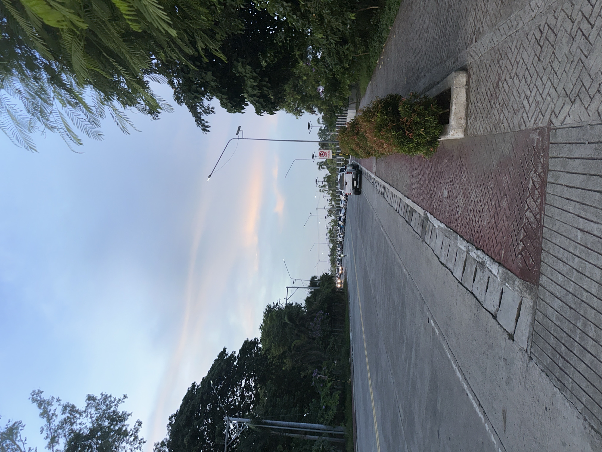 The image depicts a street scene at dusk in Davao City, Philippines. A paved road with yellow lane markings stretches into the distance, flanked by a sidewalk. The sidewalk is paved with grey interlocking bricks and has a section with red brick pavers near a planter box containing a hedge. Several cars are visible on the road, driving in the same direction. Streetlights, some with solar panels, line the road. Lush green trees and vegetation line the sides of the street, with some trees extending into the sky. The sky above is a soft blend of blue and pink, indicative of twilight. The overall atmosphere is calm and suggests a suburban or major thoroughfare in the city during the evening.