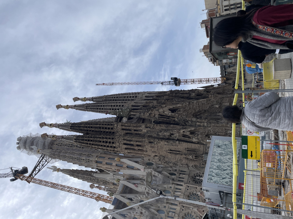 The image displays an exterior view of the Sagrada Familia basilica in Barcelona, Spain, under an overcast sky. The massive, dark-toned stone structure features multiple intricately detailed spires, with the central tallest spire partially enveloped in white scaffolding and netting. Two large construction cranes are prominent in the scene; one is positioned to the upper left of the basilica, and another tall, slender crane stands to the right. In the immediate foreground, two women are observed from behind, looking towards the basilica. The woman on the left wears a light grey quilted jacket. The woman on the right has long dark hair and wears a maroon top with a patterned scarf; her face is visible in profile, looking upwards and to the right. A yellow construction barrier separates the viewing area from the base of the basilica, where a white container with decorative patterns is situated. A yellow sign displaying a pedestrian icon and the text "Disculpin les molèsties" (Excuse the inconvenience) is visible on the barrier. Buildings line the background to the right of the basilica.