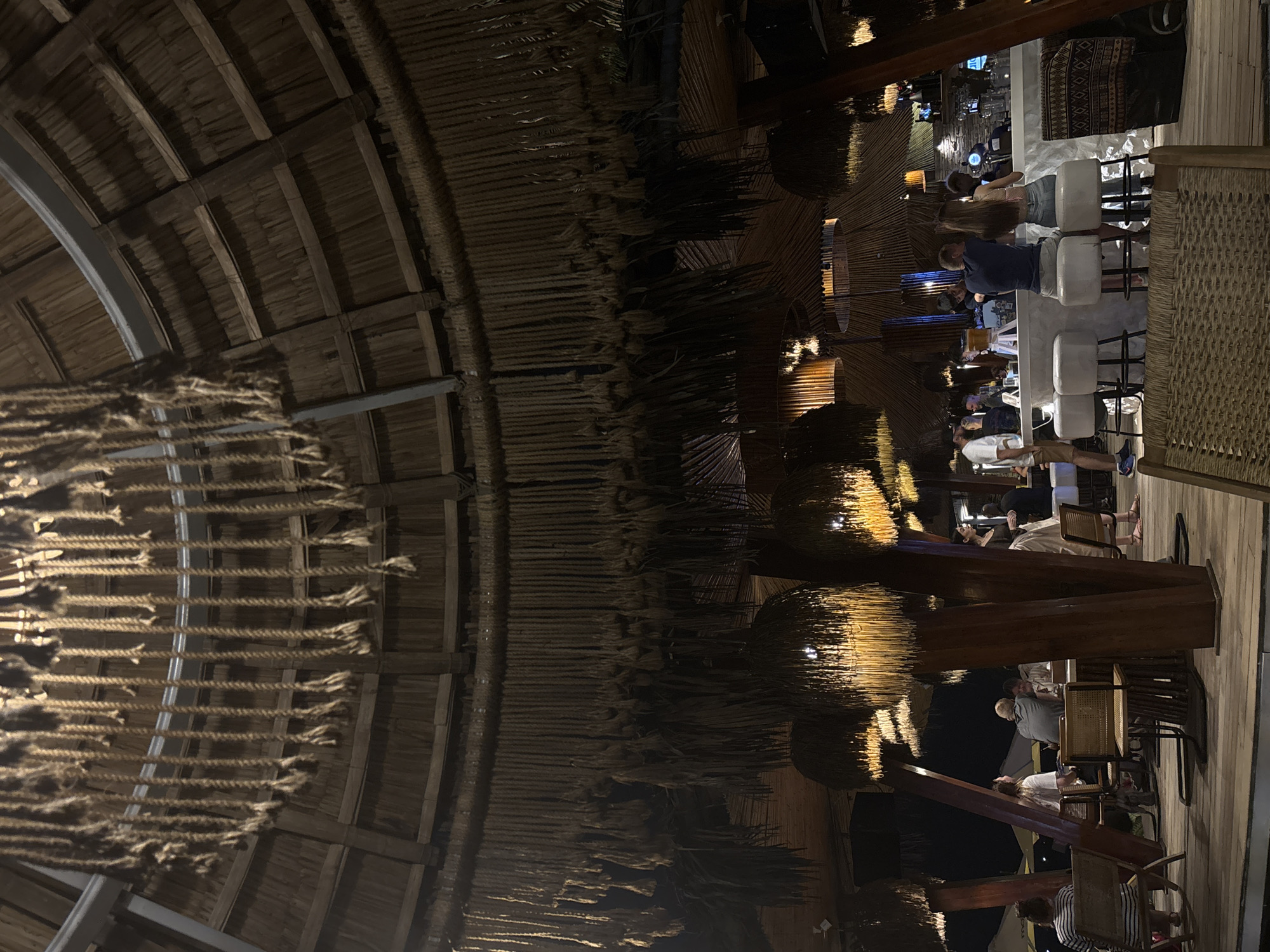 The image depicts an indoor space resembling a bar or restaurant with a thatched roof. The roof is constructed from wood and straw-like materials. There are decorative hanging ropes. People are seated at tables and at a bar. The bar appears to be brightly lit. The image's location is not specified. Da Nang, Vietnam, is not explicitly identified within the provided image.
