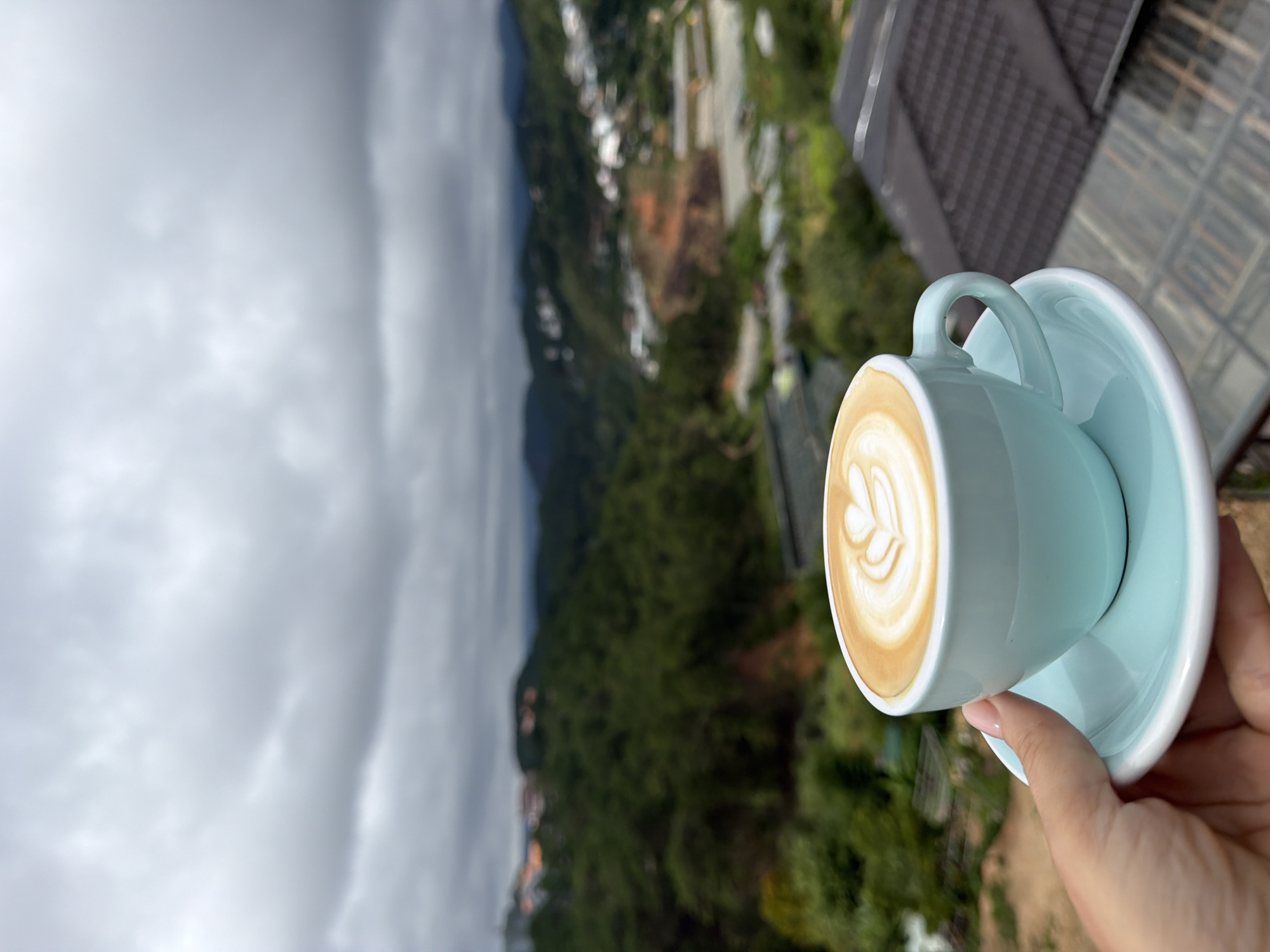 A close-up, eye-level, vertical shot showcases a hand holding a light blue ceramic cup and saucer containing a latte with foam art. The coffee's art features a heart shape made of milk foam. The hand, with a light pink fingernail polish, gently cups the side of the mug. The background reveals a hazy, overcast sky with thick, grey clouds. Below the sky, a lush, green mountainous landscape stretches out, dotted with scattered buildings and patches of red earth, indicative of construction or deforestation. The scene appears to be situated on a balcony or terrace, with a dark-tiled roof visible in the lower right corner. The overall ambiance is tranquil and scenic, suggesting a moment of quiet contemplation with a beverage. The location is the city of Da Lat, Vietnam, known for its temperate climate and verdant hills.