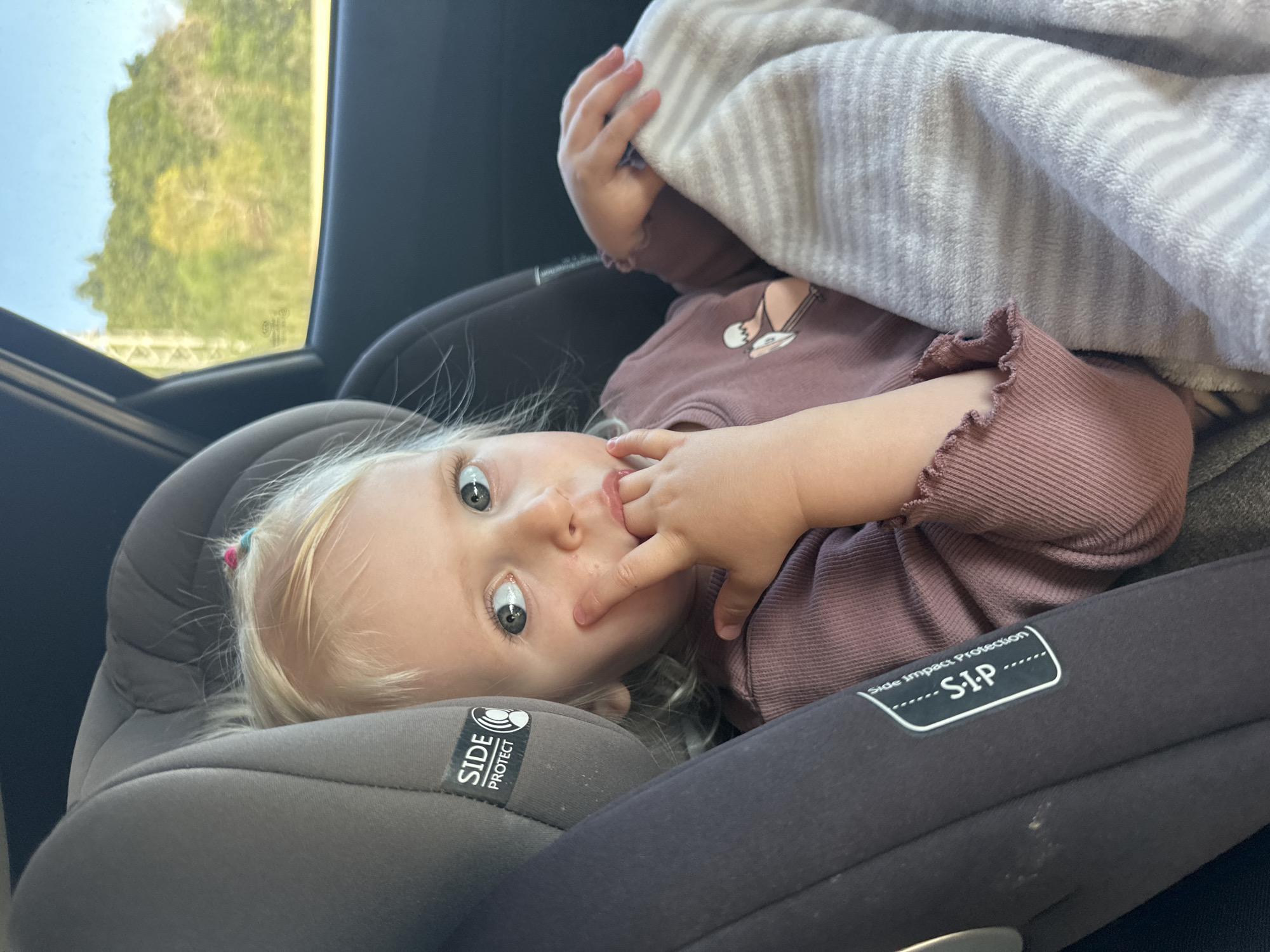 A toddler is lying in a gray car seat, partially covered by a striped gray and white blanket. She wears a mauve long-sleeved shirt with a cartoon design. Her blonde hair is pulled back with colorful hair ties. Her eyes are wide, and she has a finger in her mouth. The car seat is labeled "SIDE PROTECT" and "S.I.P." Outside the car window, green trees and a bridge-like structure are visible. The location is unknown.