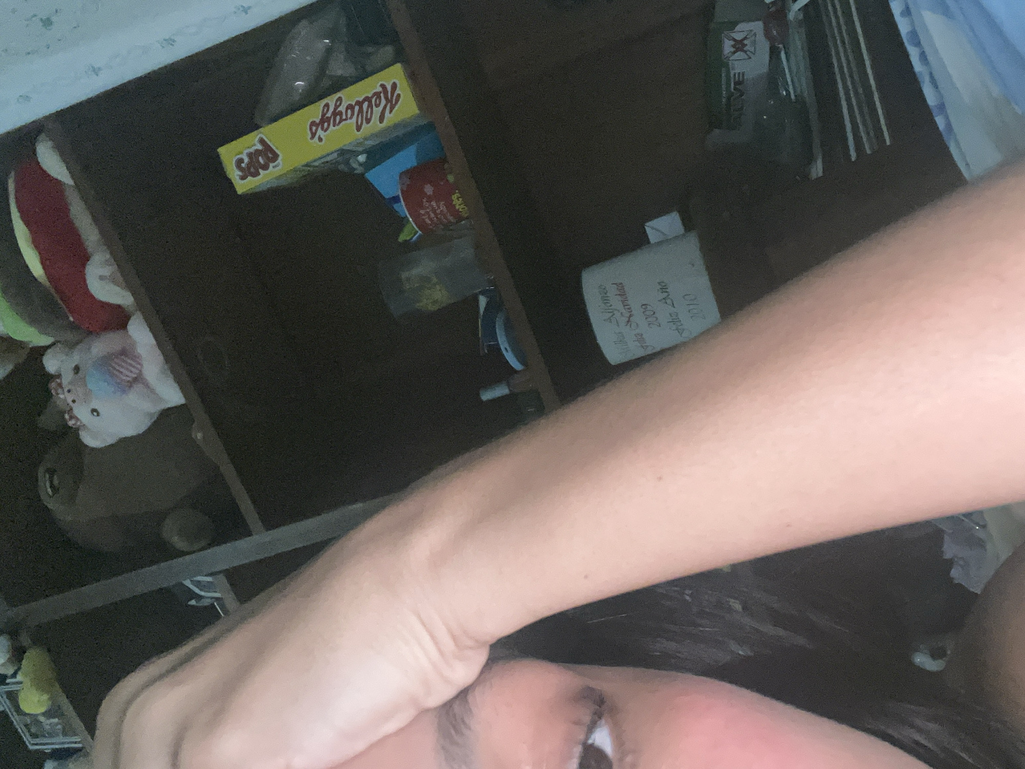 The image shows a close-up of a person's face and arm. The person is looking to the left. The background appears to be a shelf with various items, including stuffed animals, a box of Kellogg's cereal, and a mug with writing on it. The mug has "Feliz Navidad 2009 Feliz Año 2010" written on it, suggesting the photo was taken in Venezuela. The stuffed animals are on the top shelf, and the Kellogg's box and mug are on a lower shelf. The lighting is dim, and the image is slightly blurry. The person's arm is raised and resting on their forehead. The overall impression is of a casual, indoor setting.