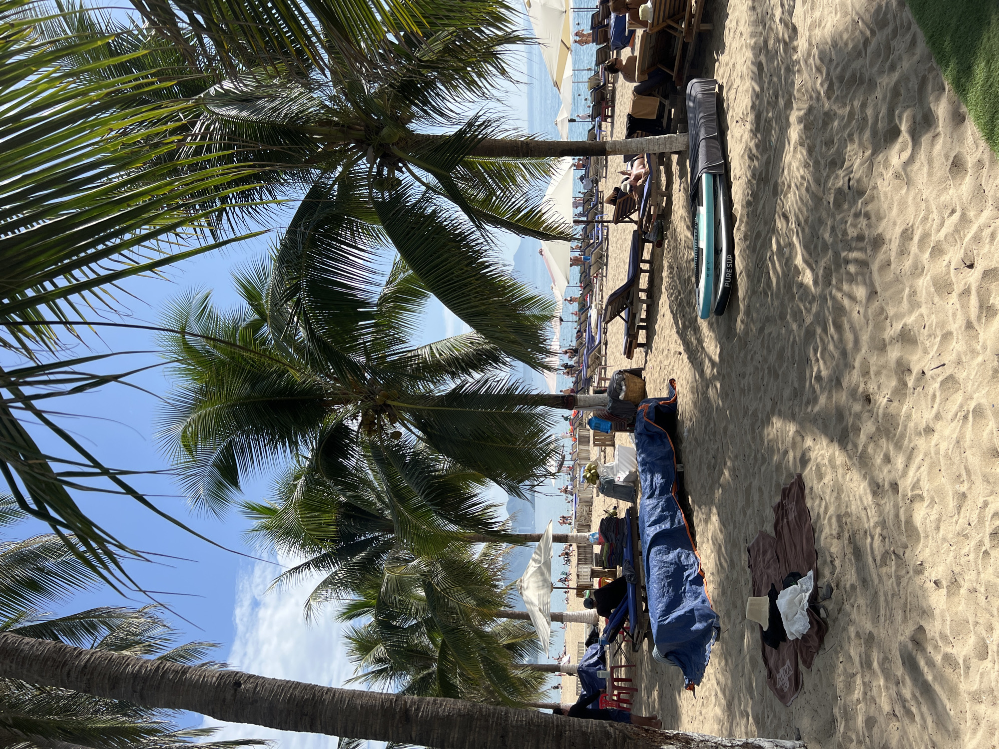 This image depicts a busy beach scene in Nha Trang, Vietnam. Numerous beach chairs and umbrellas are set up on the sandy shore, with many people lounging or walking. Palm trees are abundant, providing shade. In the foreground, there are several blue tarps covering items on the sand, and a pair of paddleboards are stacked and covered with a gray fabric. In the background, the ocean is visible, with a calm sea and distant hills. The sky is a clear blue with some scattered clouds. The overall impression is a vibrant and relaxing beach atmosphere.