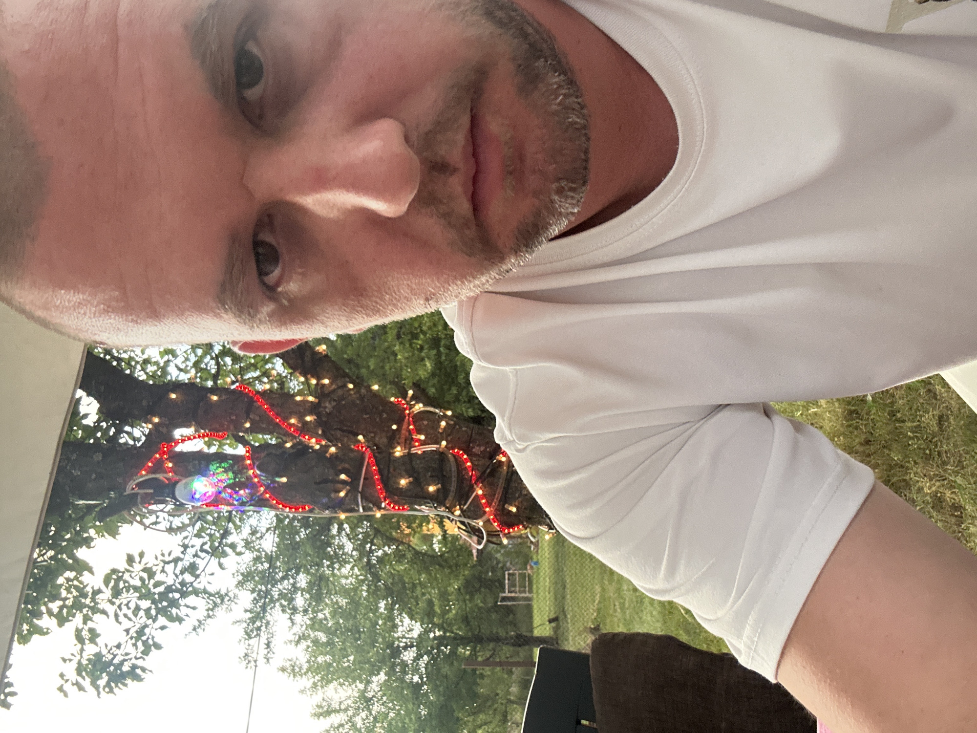 The image displays a male individual, approximately in his 30s or 40s, captured in a close-up selfie in Kosharite, Bulgaria. The subject has a shaved head and a short, light-colored beard, and is wearing a plain white t-shirt. He looks directly into the camera with a neutral facial expression; horizontal lines are visible on his forehead. The background reveals an outdoor setting, dominated by a tree wrapped with red string lights and an additional multi-colored decorative light fixture. Beyond the tree, green grass and other trees or bushes are visible, along with faint outlines of a fence or structural elements, indicating a garden or yard environment. A dark piece of furniture is partially visible to the left of the man. The lighting suggests either late afternoon or early evening conditions.