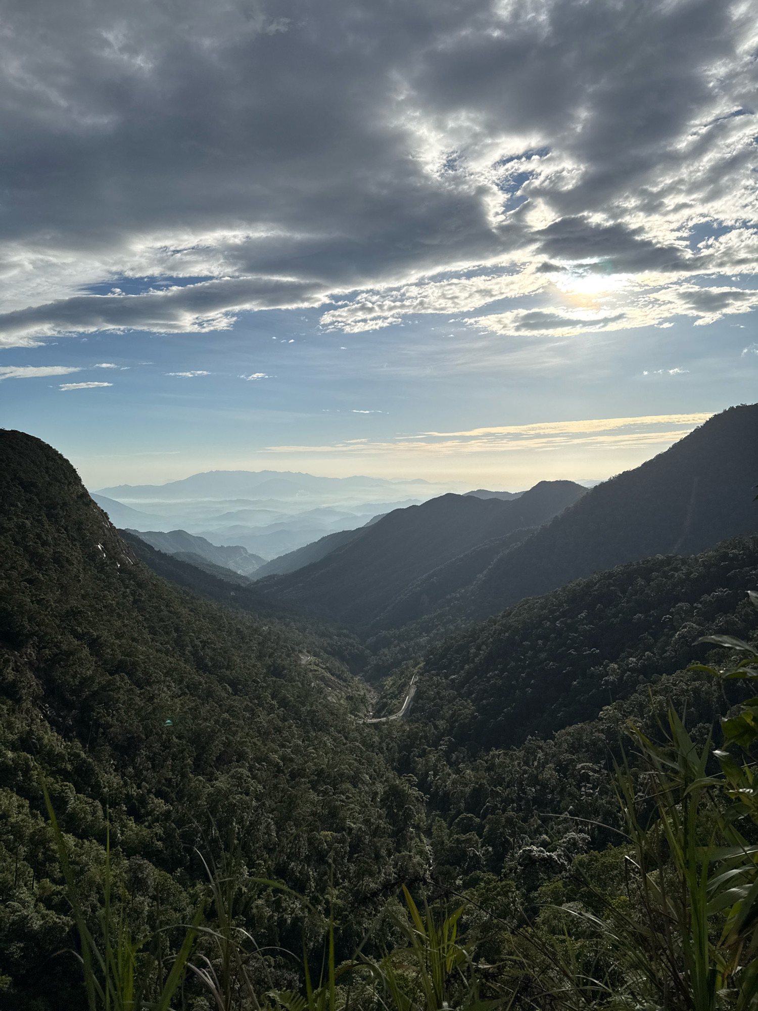 This is a photograph taken from a high vantage point overlooking a lush, mountainous landscape in Nam Khánh Vĩnh, Vietnam. The image captures a valley filled with dense, verdant forest that blankets the steep slopes of the mountains. A winding road is visible snaking through the valley, disappearing into the trees. In the distance, successive layers of mountains fade into a soft, hazy blue, creating a sense of depth and scale. The sky above is a mix of bright blue sky and dramatic, overcast clouds with shafts of sunlight breaking through, illuminating the scene. The foreground features the tops of tall green grass and foliage, suggesting the photo was taken from a cliffside or overlook. There are no people or animals visible in the frame.