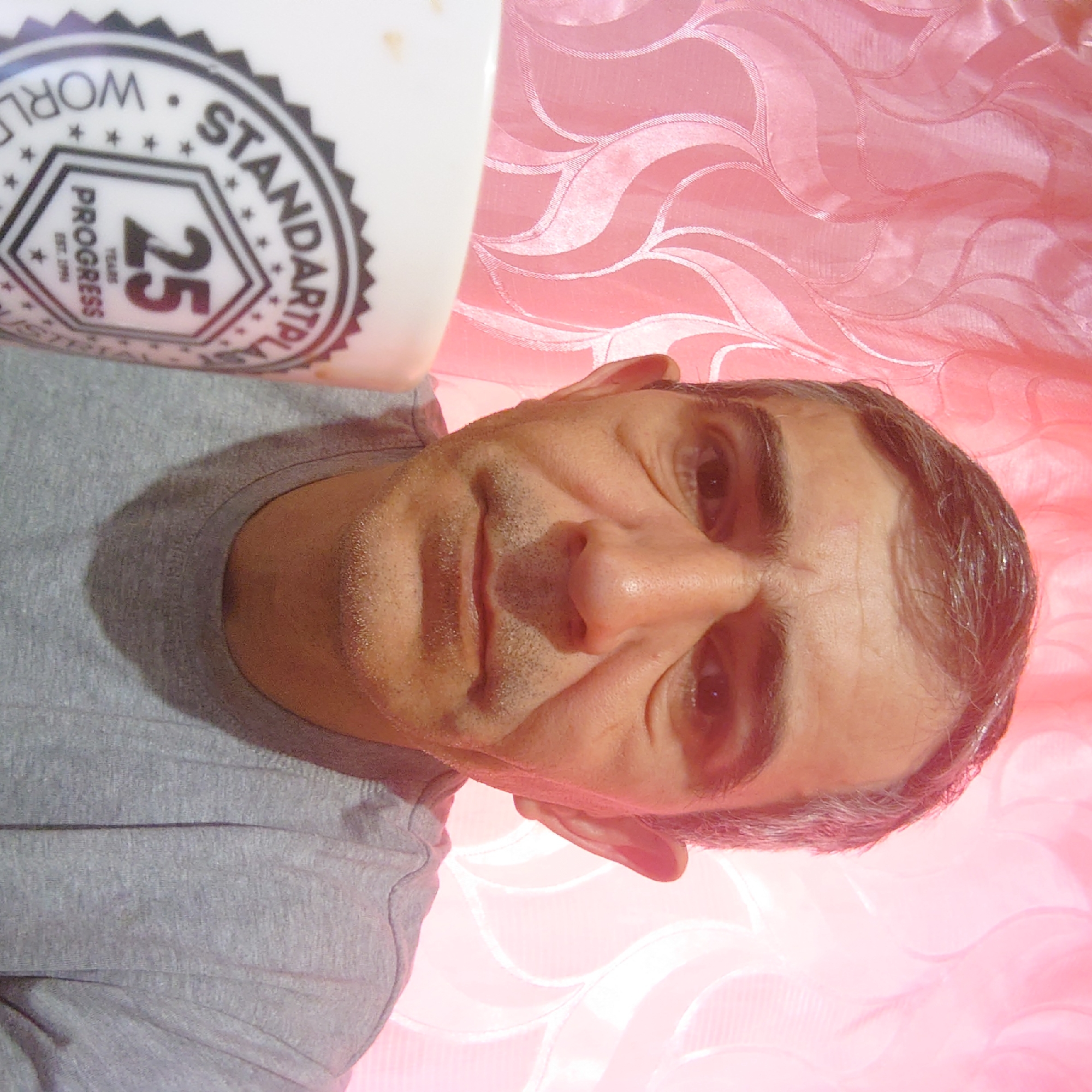 In a medium close-up shot, a man with short, graying hair, and a light beard is holding a white mug with a black logo. The mug has the text "STANDARTPLAN 25 YEARS PROGRESS EST. 1996 WORLD" printed on it in black. The man is wearing a gray t-shirt. He is looking directly at the camera. The background is a pink curtain with a wavy pattern. The lighting is bright and casts a pinkish hue over the scene. The image appears to be taken indoors, possibly in a home setting.