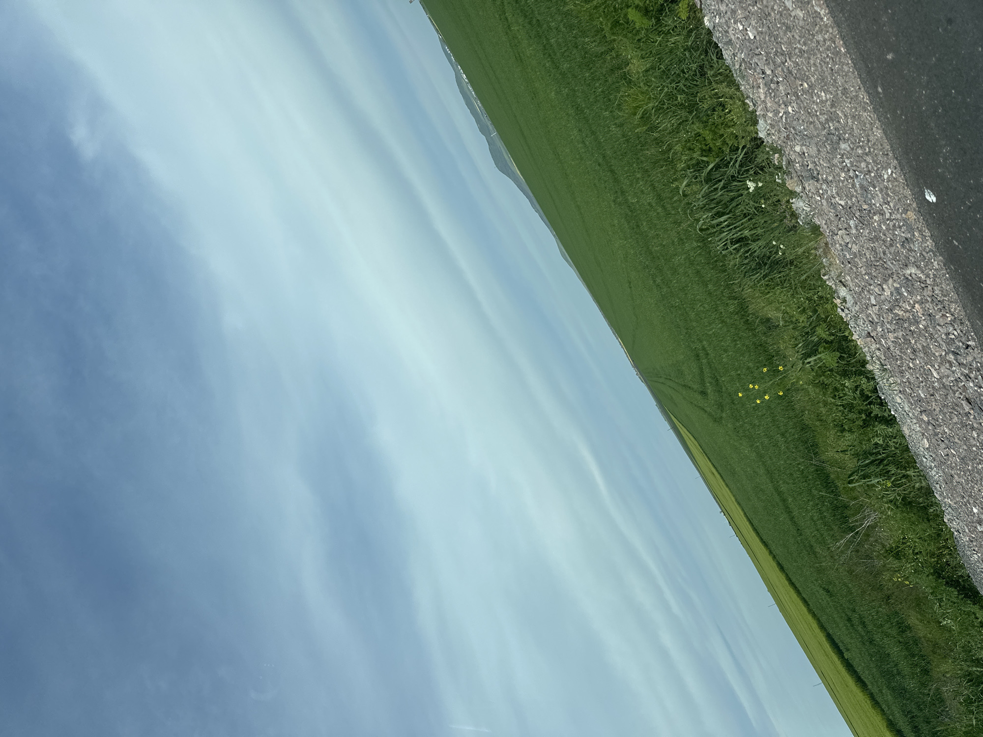 The image depicts a landscape with a field of green grass or crops stretching from the top right to the bottom center. The left portion of the image is filled with a blue sky featuring light, wispy clouds. Along the right edge, there's a section of gray asphalt or road surface with a rough texture. The photograph appears to be taken at an angle, with the landscape tilted. There is no visible city and no people. The location is unknown.