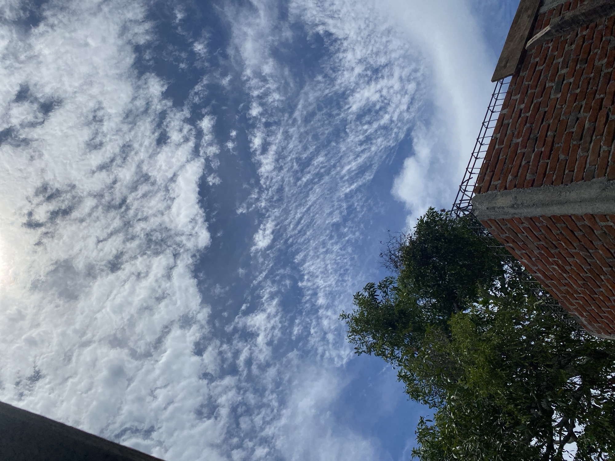 A low-angle, full shot captures a bright, cloudy sky over a construction site. The sky is filled with wispy white clouds against a vivid blue backdrop, with a sunlit area peeking through the top. In the foreground, the corner of a brick wall under construction is visible, with exposed rebar along the top edge. To the left of the wall, a lush green tree with dense foliage stretches upwards, its branches partially obscuring the sky. The overall impression is that of an outdoor scene during the daytime, likely in a tropical or subtropical climate due to the vibrant greenery.