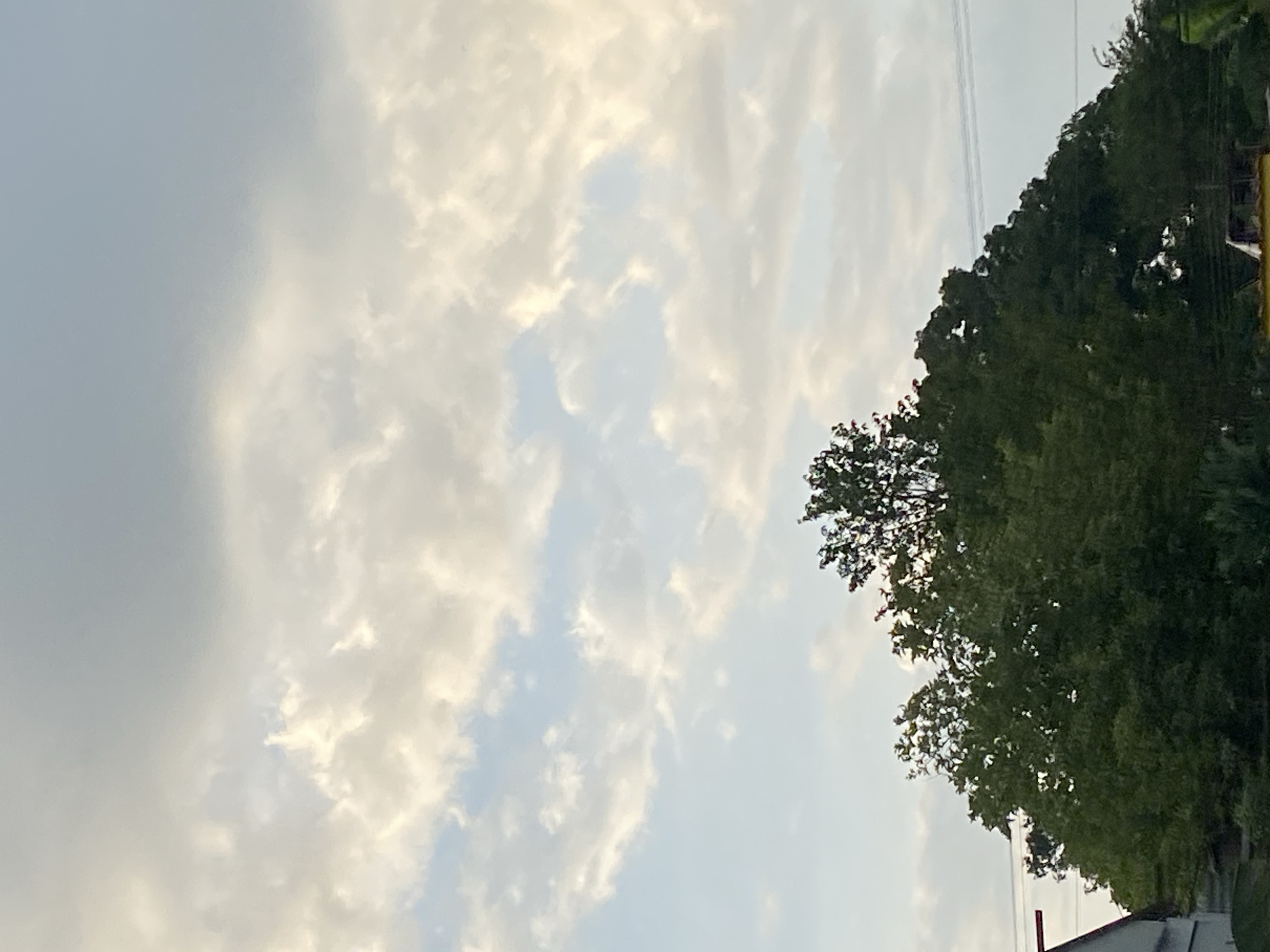The image presents a view of the sky and trees, likely taken in Tinaquillo, Venezuela, though this is difficult to ascertain definitively from the image alone. The sky is predominantly cloudy with patches of blue visible. The clouds are a mix of white and gray, suggesting varying density. Along the right side of the image, there are trees with dense, green foliage. Power lines are faintly visible running horizontally across the upper right section of the image. A portion of a building is visible at the bottom right, showing a white wall and a red roof edge. The orientation of the image is sideways.