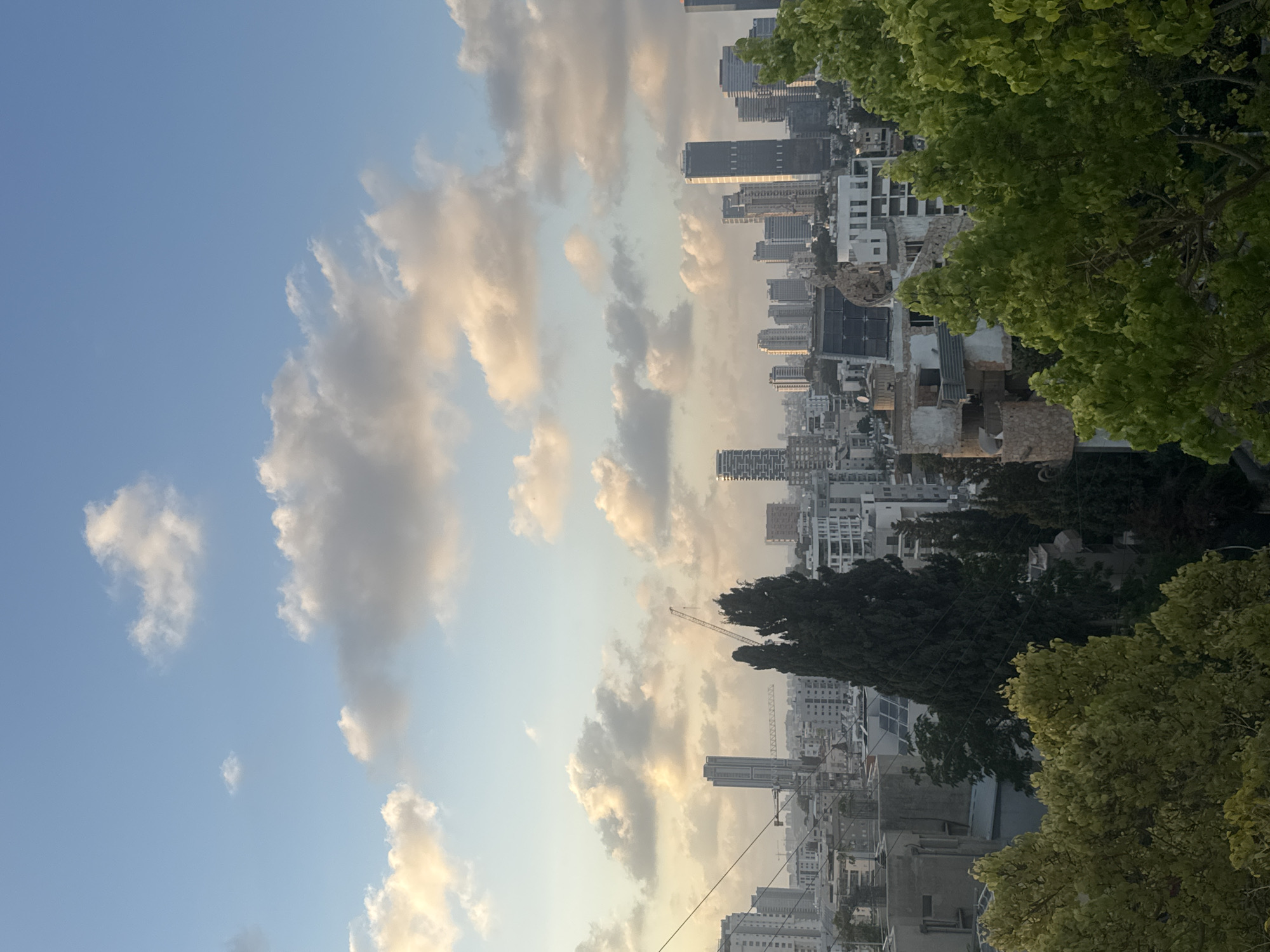 The image depicts a cityscape of Ramat Gan, Israel, likely taken during the late afternoon or early evening, as indicated by the warm light illuminating the clouds. The sky is a clear blue, interspersed with scattered white and gray clouds that are catching the sunlight.
In the mid-ground, a dense urban environment is visible, characterized by a variety of buildings. Tall skyscrapers, typical of a modern city, dominate the skyline, some with dark, reflective facades and others with lighter exteriors. Among these modern structures, there are also shorter buildings and what appears to be older architecture. Construction cranes are present, suggesting ongoing development within the city.
In the foreground, lush green trees with vibrant foliage partially obscure the view of the city. The trees are dense and appear healthy, with some branches reaching into the frame. The contrast between the natural element of the trees and the urban sprawl behind them creates a dynamic visual composition.
The overall impression is that of a bustling city, viewed from an elevated perspective, with nature intermingling with the concrete and steel structures. There are no people clearly visible in the image. The atmosphere is tranquil, with the soft light and the presence of trees contributing to a sense of calm.