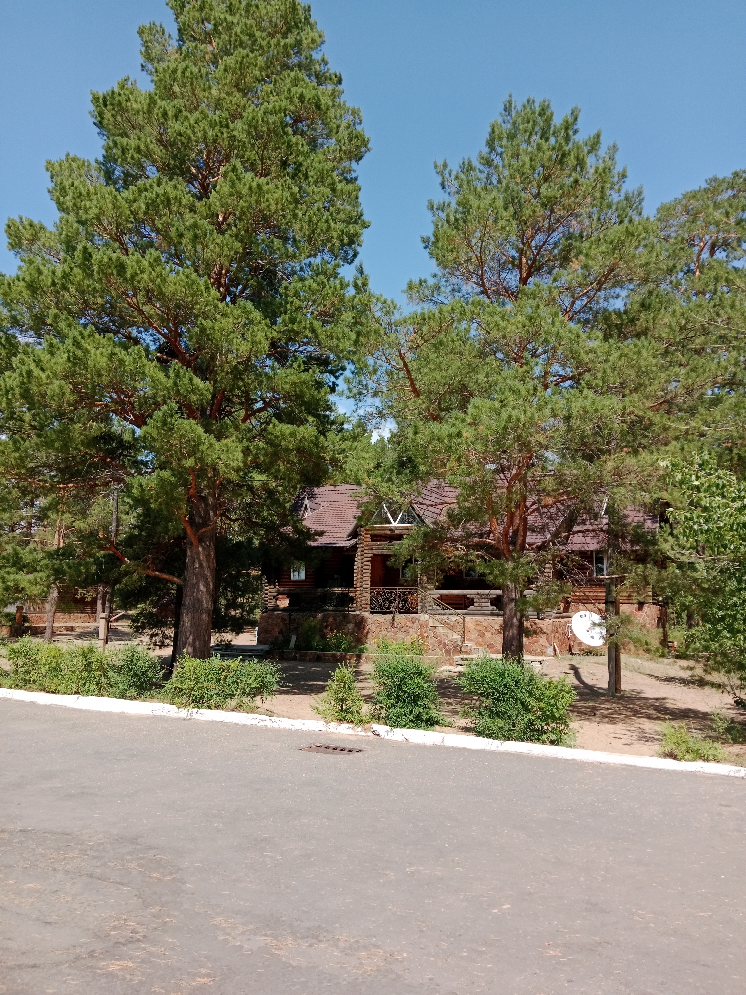 The image shows a wooden building nestled among tall pine trees, with a paved road in the foreground. The building has a dark brown, tiled roof and appears to be a lodge or cabin, constructed from logs and stone. A porch with a railing is visible, and there are windows on the structure. A white satellite dish is mounted on a pole to the right of the building. The area is landscaped with bushes and small trees. The sky is clear and blue. The scene is located in Shulbinsk, Kazakhstan.