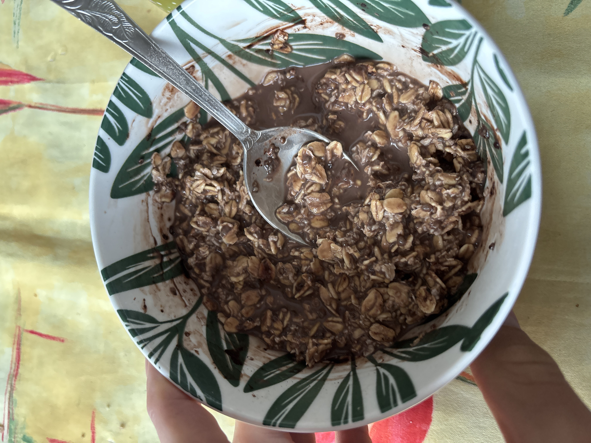 A close-up shot focuses on a bowl of chocolate oatmeal held by a hand. The bowl, white with green leafy patterns around the rim, contains oatmeal saturated in a dark chocolate liquid. A silver spoon rests inside the bowl, scooping up a portion of the oatmeal. The bowl is positioned on what appears to be a patterned yellow surface. The photo does not provide evidence of the location in the city of Zlatograd, Bulgaria.