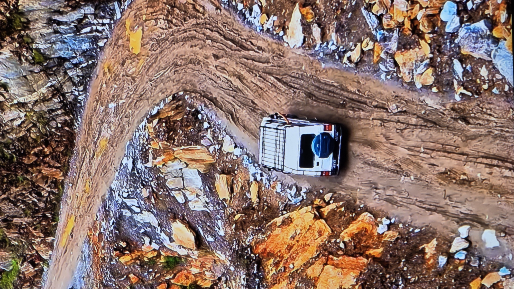 An elevated, eye-level, full shot captures a white SUV navigating a treacherous, muddy mountain road. The vehicle, equipped with a roof rack and a spare tire mounted on the back, is positioned at a slight angle on the winding path. The road surface is a mix of mud and gravel, with distinct tire tracks visible. The surrounding environment is rugged and rocky, characterized by steep, barren slopes with scattered stones and patches of dry earth. The colors are predominantly earth tones, with oranges, browns, and grays dominating the landscape. There is no visible indication of the city of Batumi, Georgia, in this image; the scene depicts a remote, mountainous terrain. A person's arm is visible extending from the passenger side window of the SUV.