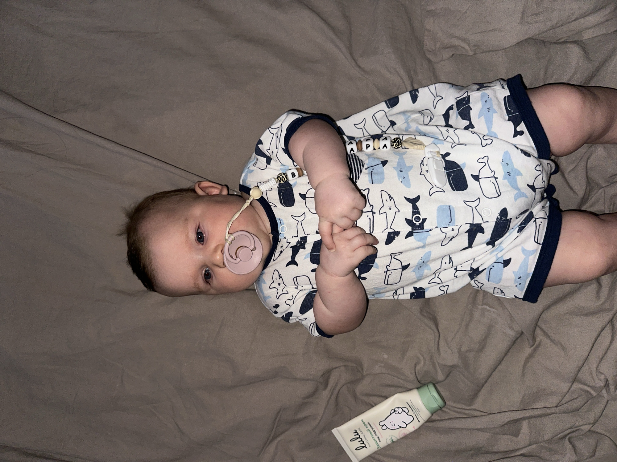 A baby lies on a taupe-colored blanket. The baby wears a light blue and white romper with navy trim, decorated with a pattern of sharks and whales. The baby is fair-skinned with blue eyes, light brown hair, and a pink pacifier in their mouth attached to a beaded string. The beads spell out "Papa." A tube of "Lulu Natural Care" is near the baby's legs.
The location is unspecified but presumed in a residential environment given the bedding and baby care items. The city of Chaikovsky, Russia is not discernible from the image.