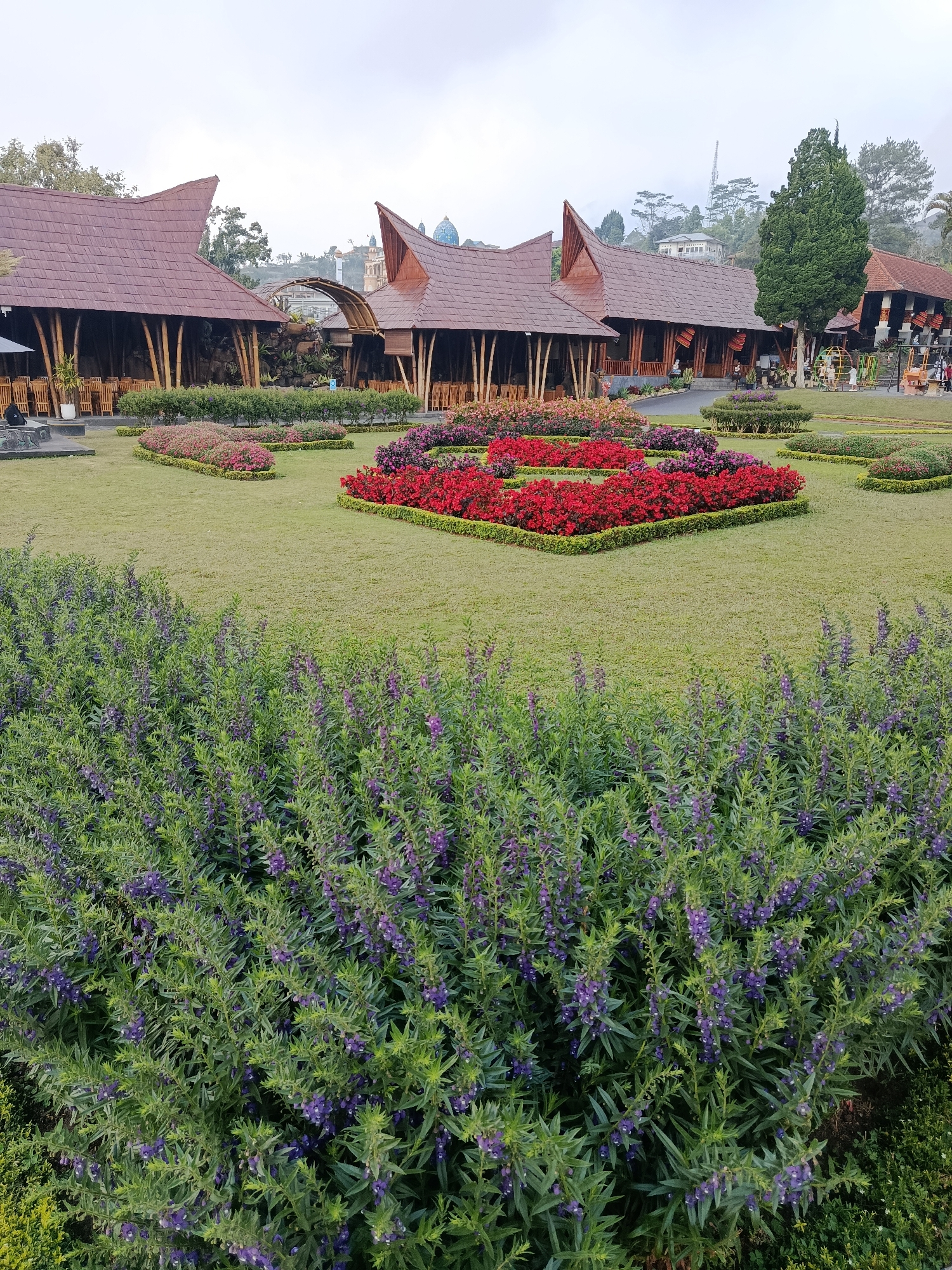 This image depicts an outdoor scene at the Bali Botanic Garden in Baturiti, Indonesia. In the foreground, a dense bush of small purple flowers with green foliage dominates the lower portion of the frame. Behind this bush, a meticulously maintained lawn stretches out, adorned with a series of landscaped flower beds. One prominent flower bed is a rectangular arrangement of vibrant red flowers, bordered by green hedges. Several other flower beds with pink and purple flowers are visible, also framed by hedges, creating a geometric pattern on the grass.
In the mid-ground, traditional Indonesian-style buildings with distinctive brown, multi-tiered roofs and bamboo-like supports are visible. These structures appear to be open-air pavilions or restaurants, with tables and chairs set up inside. An arched bamboo structure, possibly an entrance or decorative element, connects two of these buildings. Some people are seated at tables within these buildings, and a few figures are walking around the grounds. In the background, a lush green landscape with trees and hills rises, and a cloudy sky completes the scene. A tall antenna or tower is visible on one of the distant hills. The overall impression is one of a well-kept garden and leisure area in a tropical environment.