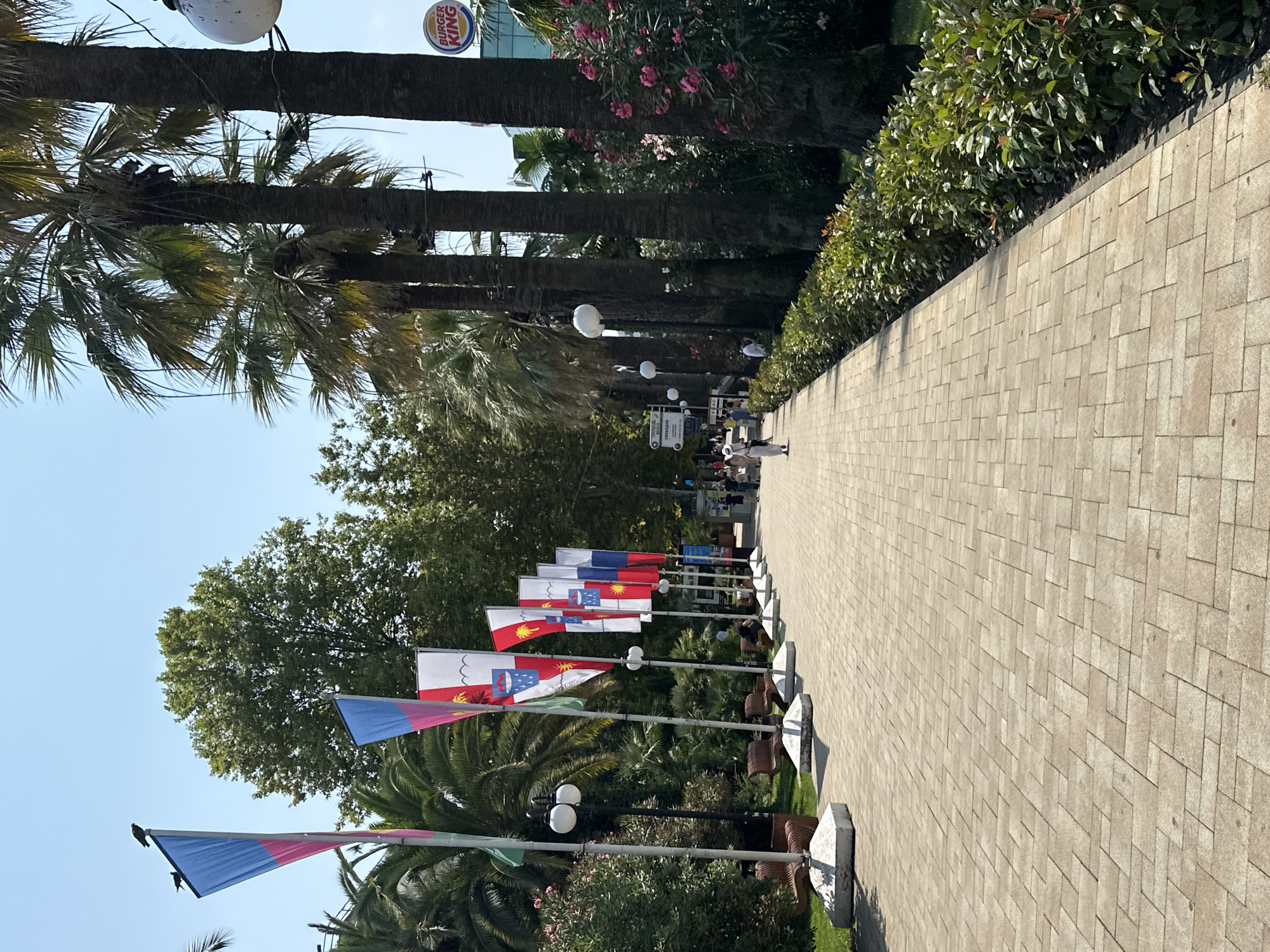 The image depicts a sunlit walkway in Sochi, Russia, likely along the coast given the presence of palm trees. The walkway is paved with light-colored rectangular stones. On the left side of the walkway, a row of benches and lush green bushes are visible. Several flagpoles with flags of various countries are erected along the walkway, with a prominent blue and pink flag in the foreground.
To the right of the walkway, a line of tall palm trees stretches into the distance, their fronds creating a dense canopy. Beyond the palm trees, a Burger King restaurant with its distinctive logo is visible, suggesting an urban or commercial area. Pink flowers bloom amidst the greenery on the right side, adding color to the scene. A few people are casually strolling along the walkway, some in the distance. The sky is clear and blue, indicating pleasant weather. The overall impression is that of a well-maintained public area on a warm day in a coastal city.