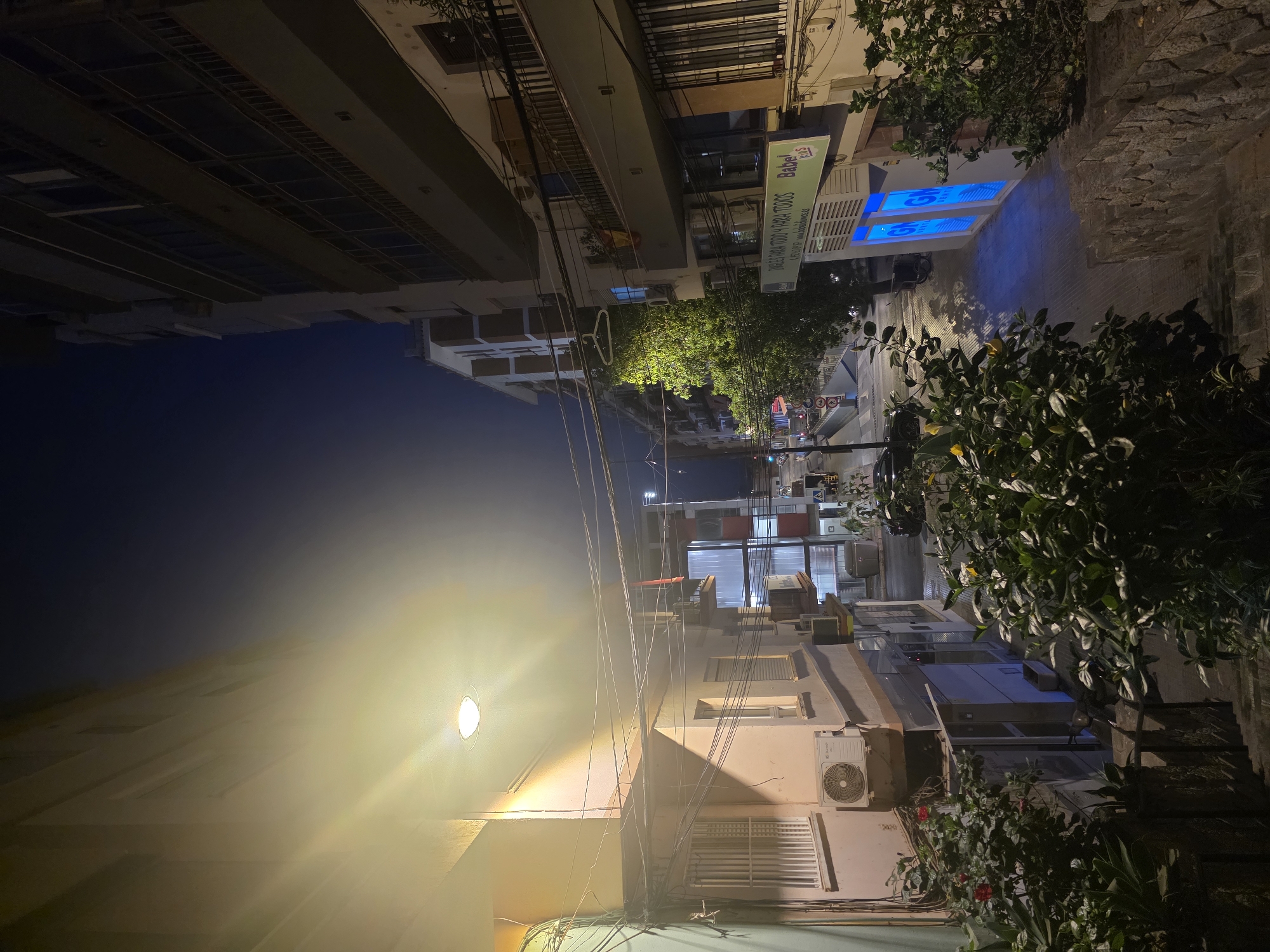 The image depicts a nighttime street scene in Málaga, Spain, viewed from a slightly elevated perspective looking down a narrow alleyway. The alley is flanked by multi-story buildings on both sides. On the left, a building with a light-colored facade features air conditioning units and barred windows. A bright overhead light casts a strong glow, creating lens flare. On the right, a darker building with balconies and numerous windows is visible. A lit sign for "Babel" and "Kids" is mounted on this building.
The alleyway itself is paved and illuminated by the building lights and street lamps, casting shadows and highlights. A tree with green foliage is situated mid-way down the alley on the right, illuminated by light. The sky above is a dark blue, indicating nighttime. Various wires are strung across the alley. In the foreground, a stone staircase leads down into the alley, bordered by dense green foliage with some flowering plants. A dark-colored car is parked in the alley further down. The overall impression is of a residential or commercial street in an urban environment at night.
