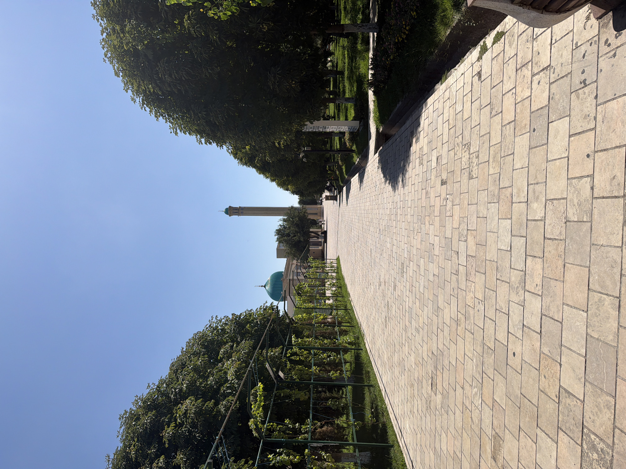 An eye-level, vertical, wide shot captures a sun-drenched pathway paved with light-colored rectangular stones, leading towards a mosque and a minaret in Zangiata, Uzbekistan. The pathway is flanked by lush green trees on both sides, casting shadows. On the left, a trellis with hanging vines creates a shaded walkway. The mosque, with its prominent turquoise dome, is visible in the background, and a tall, slender minaret stands to its right. The sky is a clear, brilliant blue. A few indistinct figures can be seen in the distance. The overall scene evokes a serene and historical atmosphere.