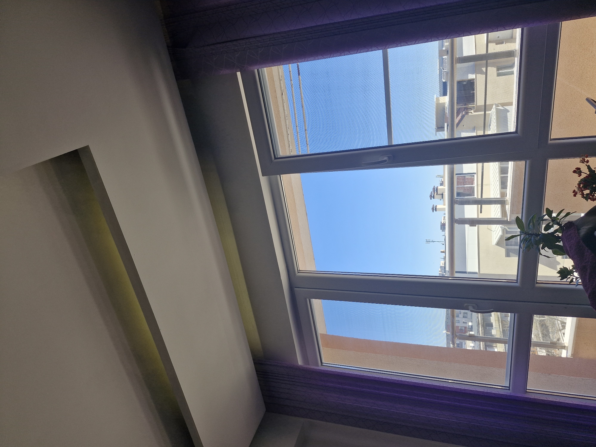 Here is a description of the image:
The image shows a view through a multi-pane window, looking out onto a cityscape under a clear blue sky. The window is framed by violet curtains at the top and bottom of the image. Outside, various buildings of different heights and colors can be seen, primarily in shades of beige, brown, and white. The architectural styles appear to be modern urban dwellings. A potted plant is partially visible in the lower right corner of the window, obscuring the view of the building.
The interior view from the window shows a ceiling with a recessed, yellow-lit design. The positioning of the window and the angle of the shot suggest a high vantage point or a location on an upper floor of a building. The city, along with the location, is unknown.