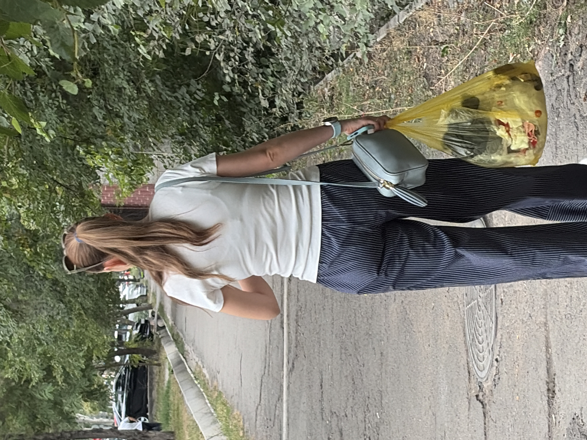 A woman with brown hair in a ponytail walks away from the camera on a sidewalk. She is wearing a white t-shirt and navy blue striped pants. A light blue purse is slung over her left shoulder, and in her right hand, she carries a yellow trash bag filled with various items. She is wearing a watch on her left wrist. The sidewalk is next to a tree-lined street with parked cars visible on the left. To the right of the sidewalk is dense foliage. A manhole cover is visible on the ground in front of her. The scene appears to be outdoors in an urban environment.