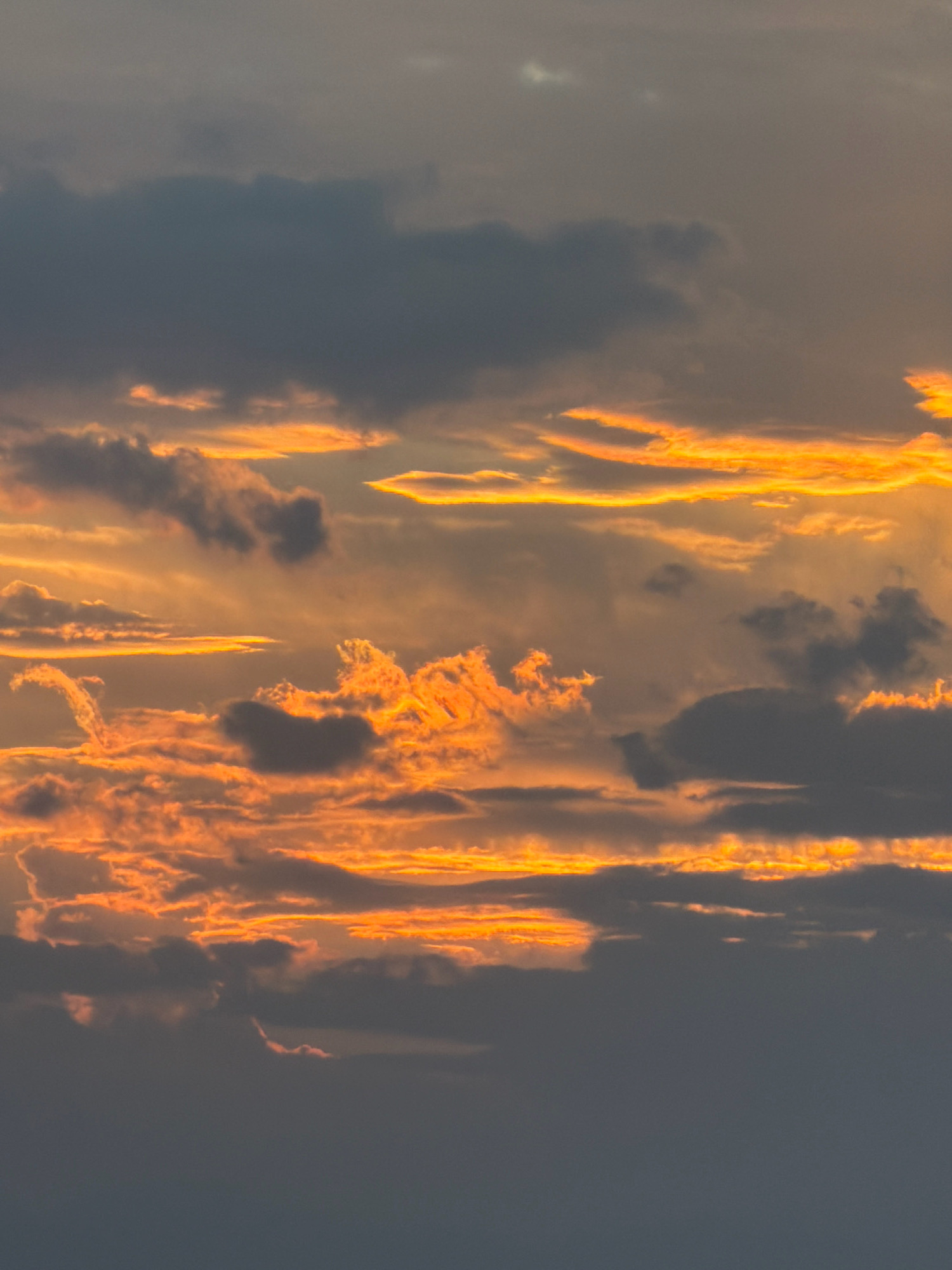 This image depicts a dramatic sunset over the ocean in Nha Trang, Vietnam. The sky is filled with a vibrant display of orange and yellow clouds, illuminated by the setting sun. Darker gray clouds are interspersed with these colorful formations, creating a sense of depth and contrast. The scene is entirely natural, with no visible man-made structures or people. The focus is on the celestial event, capturing the dynamic interplay of light and shadow in the sky.