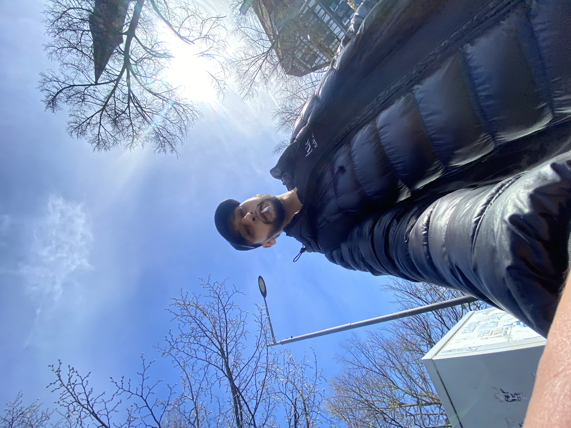 The image depicts a man with a beard and a black hat, wearing a black puffer jacket. He appears to be holding a cigarette in his mouth. The camera angle is looking up at the man from a low vantage point. Behind him is a clear blue sky with bare tree branches and a bright sun shining through the branches. A street lamp is visible in the lower portion of the image, along with a white object possibly a box or a sign. Considering the angle and the visible elements, the location is likely an outdoor urban environment in Hoenheim, France.