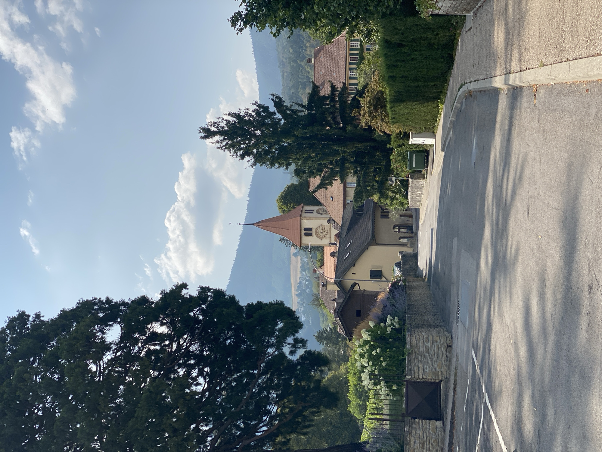 The image depicts a picturesque village scene in Milvignes, Switzerland, on a clear, sunny day with scattered clouds. A paved road curves gently from the foreground into the background, leading towards a cluster of buildings. To the left, a large, mature evergreen tree dominates the scene, its branches casting dappled shadows on the road. Beyond the tree, a stone wall borders a property with white hydrangeas and purple lavender in bloom. Further back, a tall church steeple with a red roof and a clock face rises above the surrounding buildings. The architecture suggests a traditional European village, with buildings featuring terracotta roofs and light-colored facades. Lush green trees and hedges are visible throughout, with a hazy mountain range forming the backdrop. The scene is tranquil and idyllic, showcasing the charm of a Swiss village. No people or animals are present in the image.
