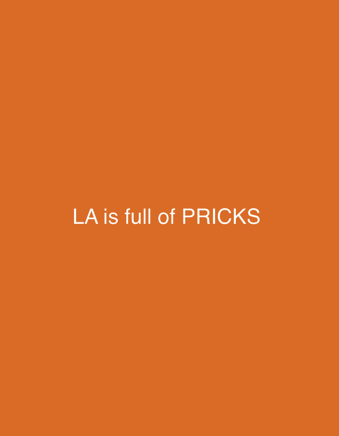 The image features a solid orange background. Centered on the screen, the text "LA is full of PRICKS" is displayed in white. The text is easily readable against the contrasting background.