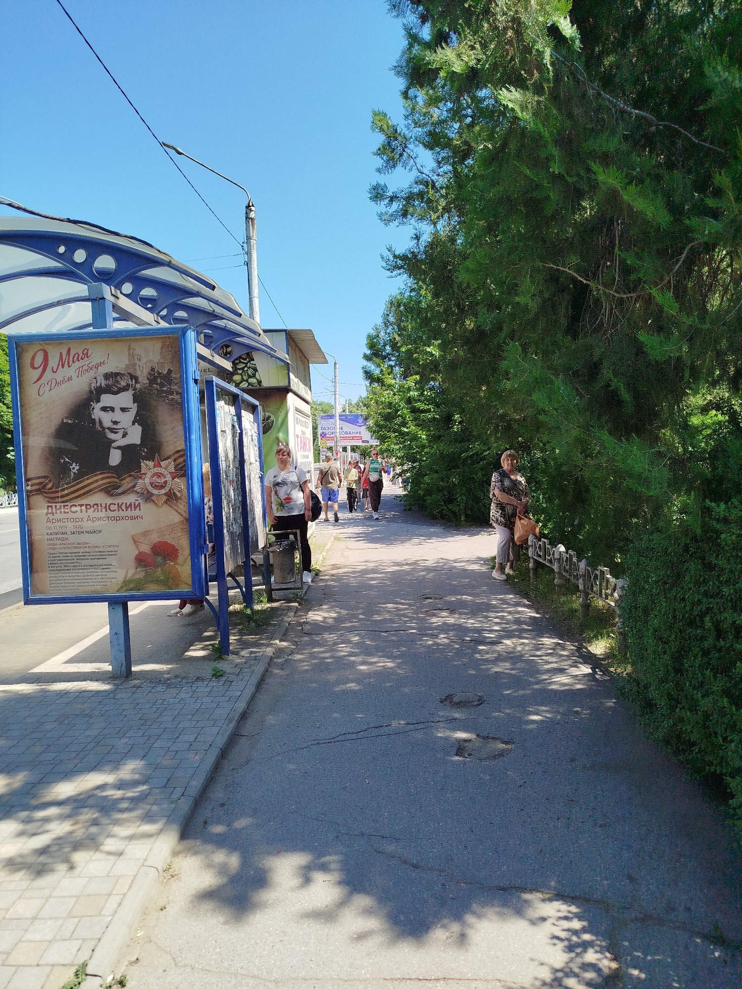 A sunny daytime outdoor scene at a bus stop shows a blue-roofed bus shelter with a large poster on its side featuring a black and white portrait of a young man, along with Russian text and a red and black ribbon. Several people are visible on the sidewalk, some waiting, others walking. To the right of the bus stop, a paved sidewalk runs alongside a dense green hedge and trees, with a decorative metal fence running along the edge of the hedge. Another woman stands near the bus shelter, and further down the sidewalk, several more people are walking. A street lamp is visible against a clear blue sky.
